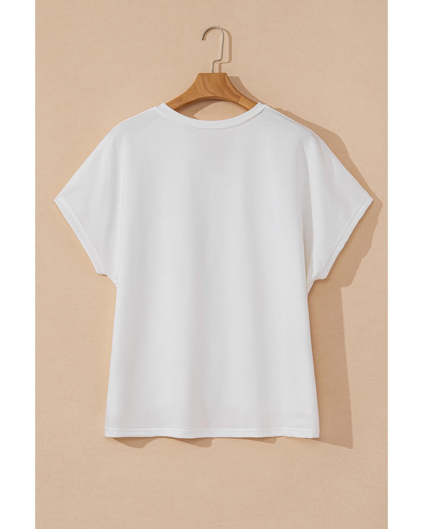 White Floral Applique Notched V Neck Dolman Sleeve Top - M