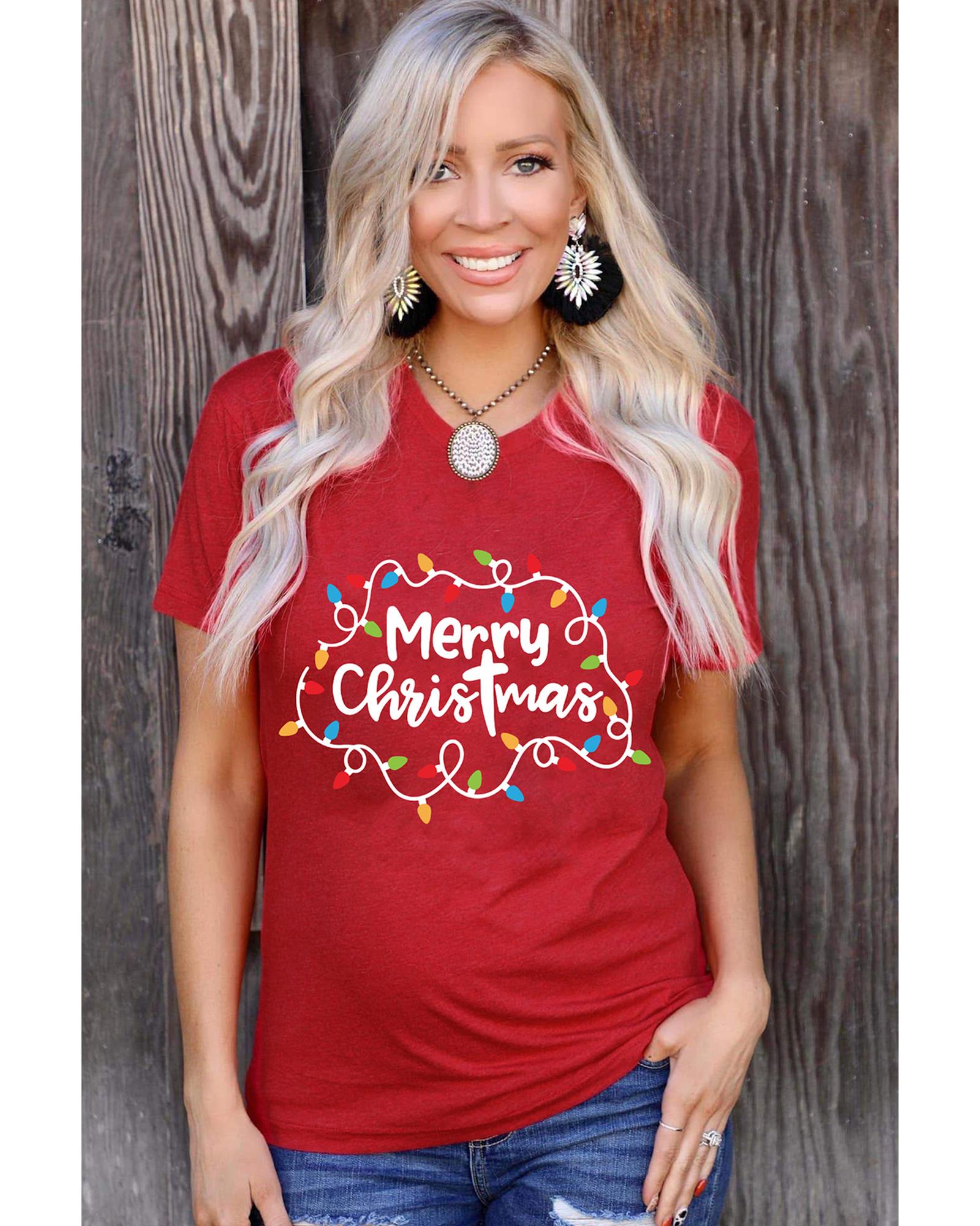 Red Merry Christmas Lights Print Crew Neck T Shirt - 2XL