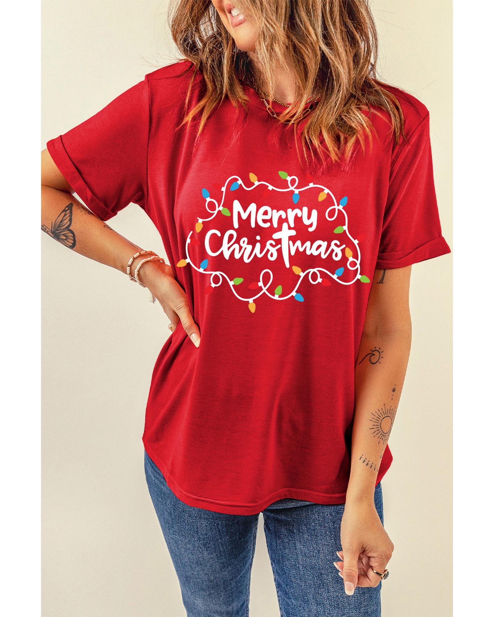 Red Merry Christmas Lights Print Crew Neck T Shirt - 2XL