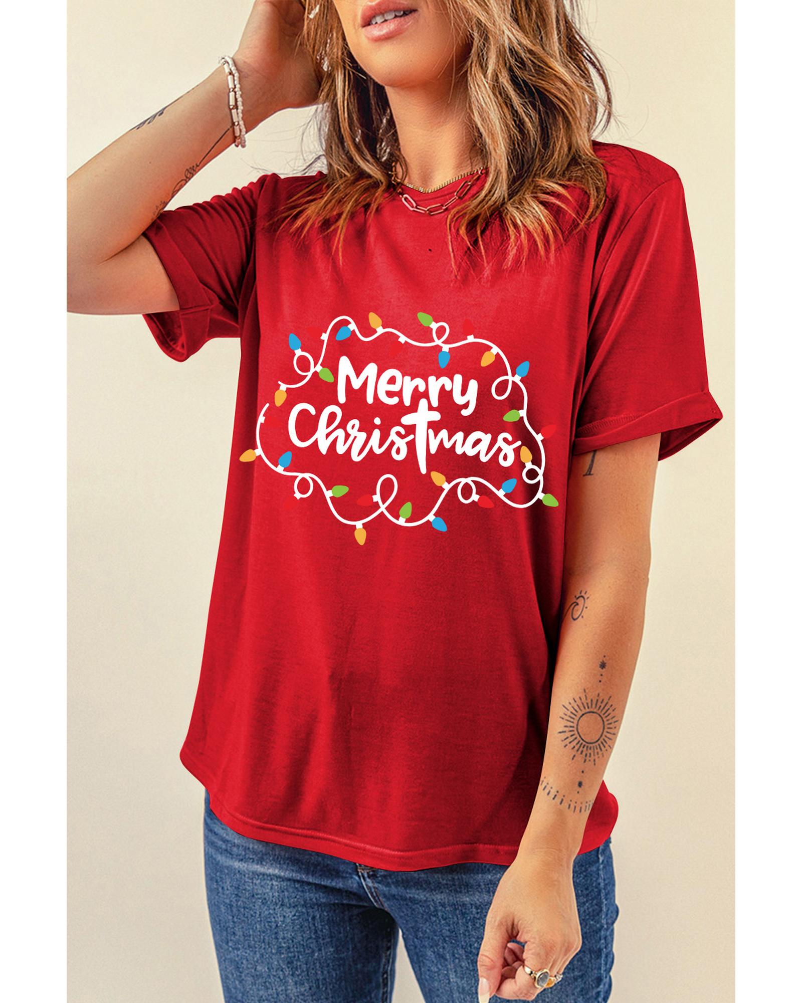 Red Merry Christmas Lights Print Crew Neck T Shirt - 2XL