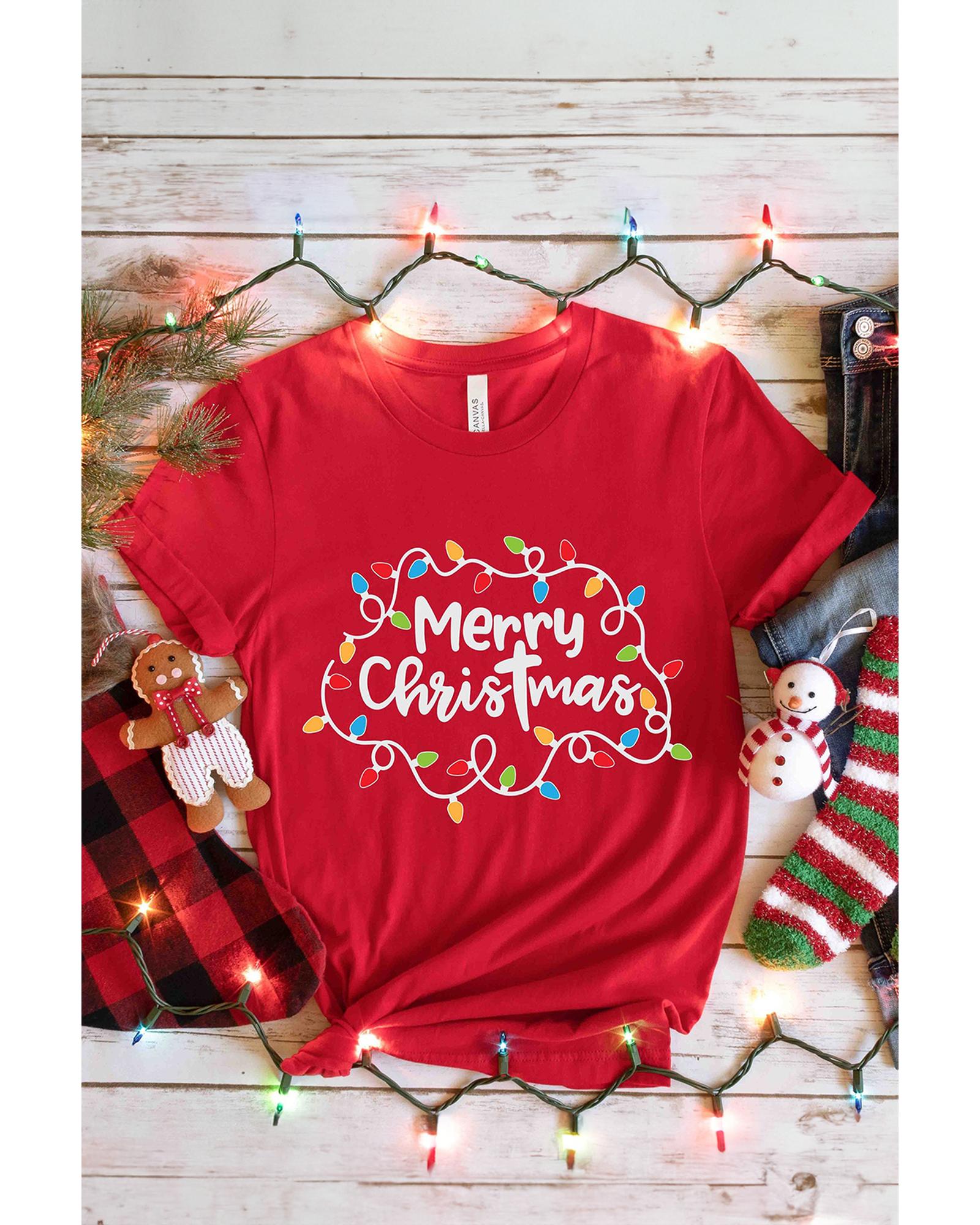 Red Merry Christmas Lights Print Crew Neck T Shirt - 2XL