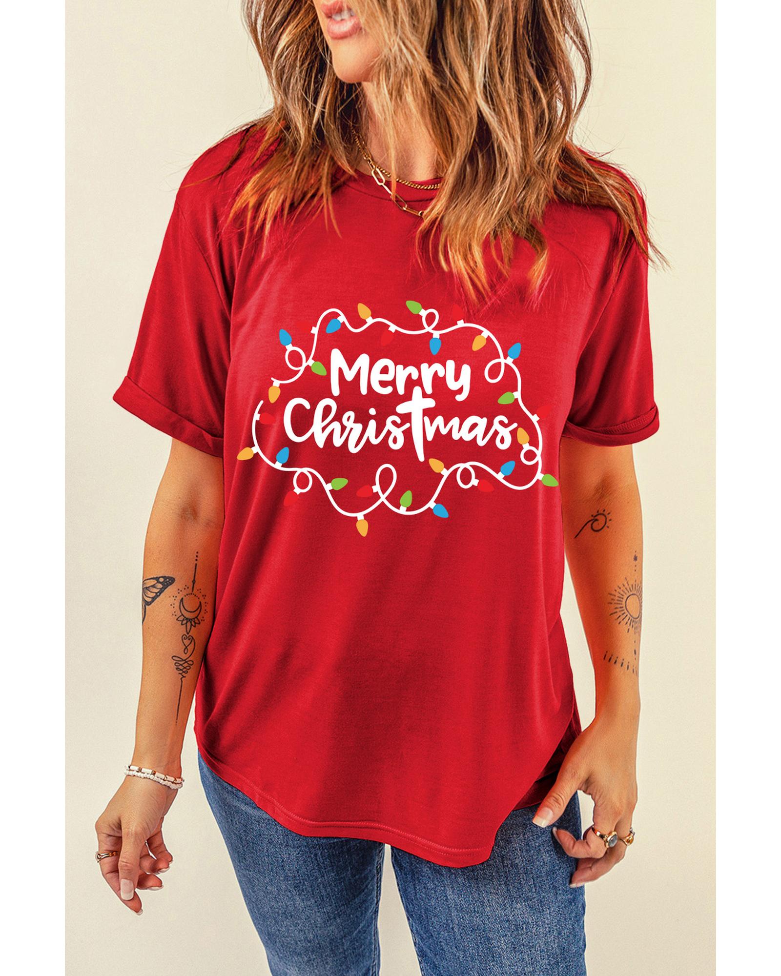 Red Merry Christmas Lights Print Crew Neck T Shirt - M