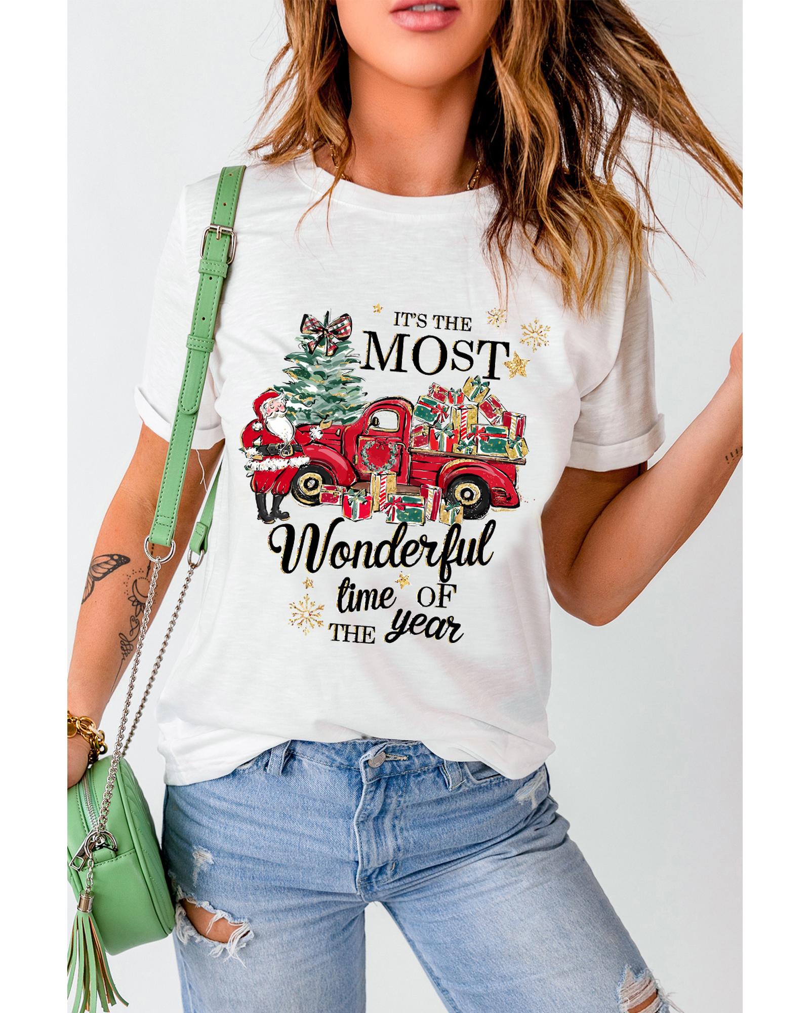 White Christmas Pattern Slogan Print Crew Neck T Shirt - XL