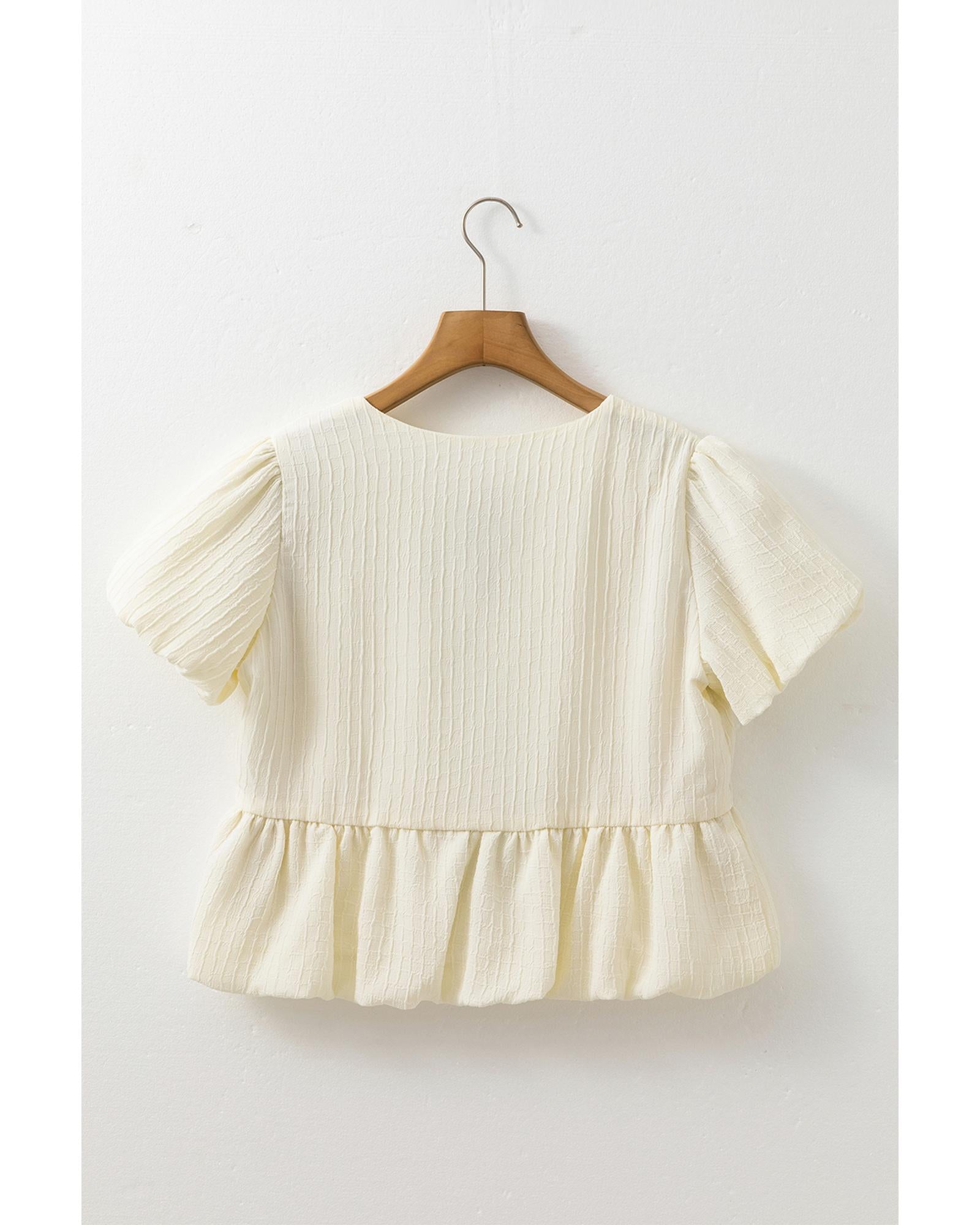 White Textured Bow Ties Front Bubble Hem Puff Short Sleeve Blouse - XL