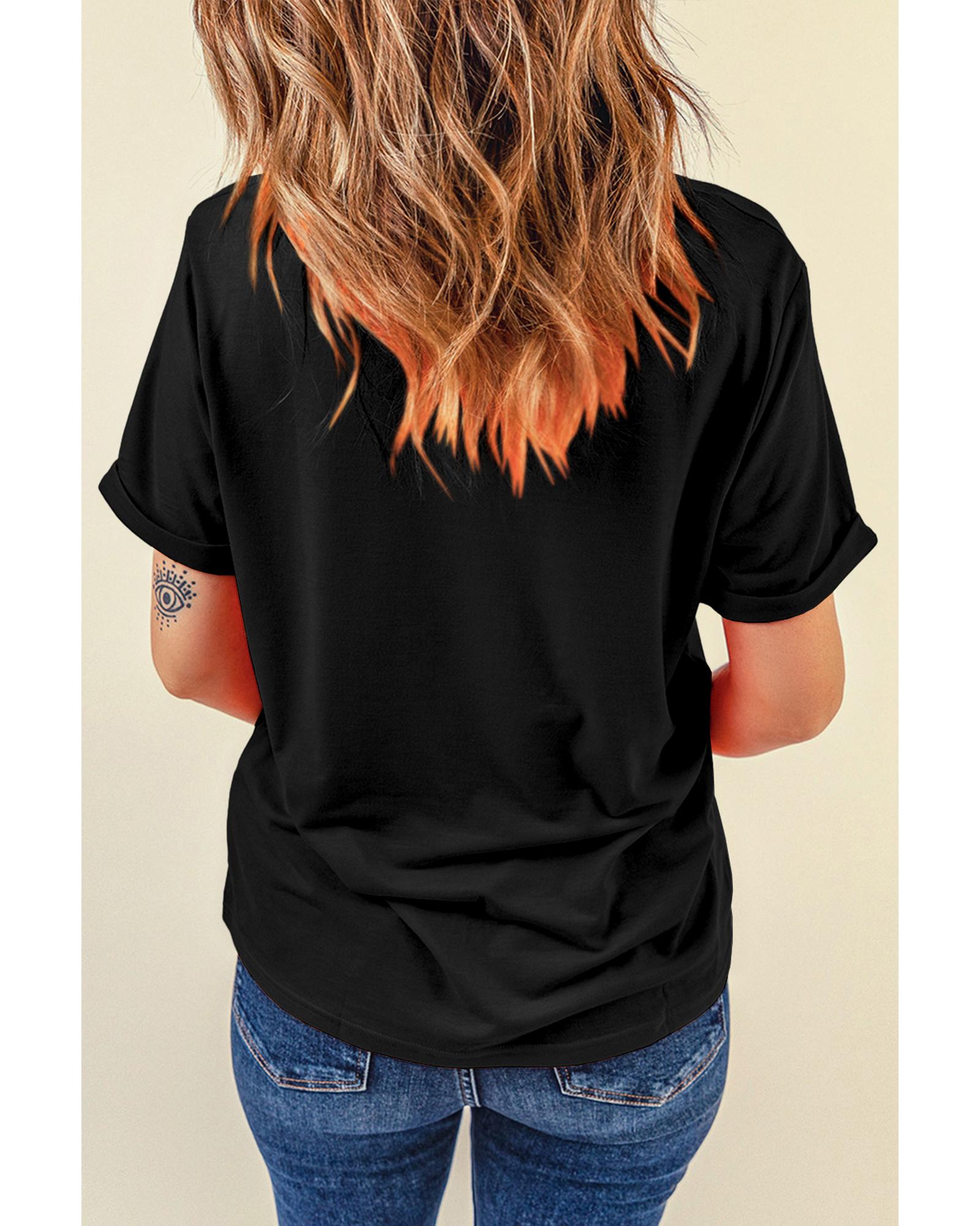 Black Sequin Christmas Claus Pattern Crewneck T Shirt - M