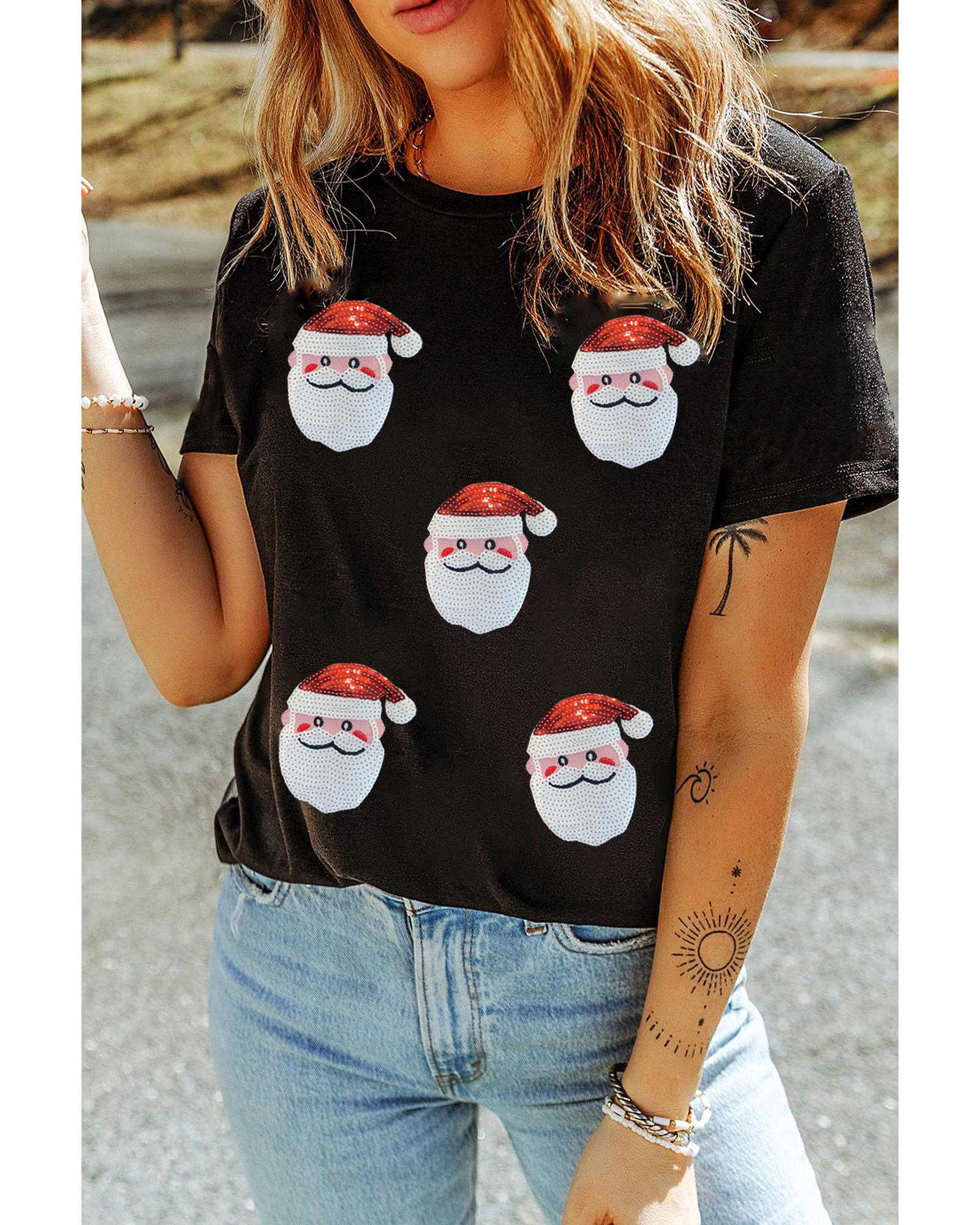 Black Sequin Christmas Claus Pattern Crewneck T Shirt - M