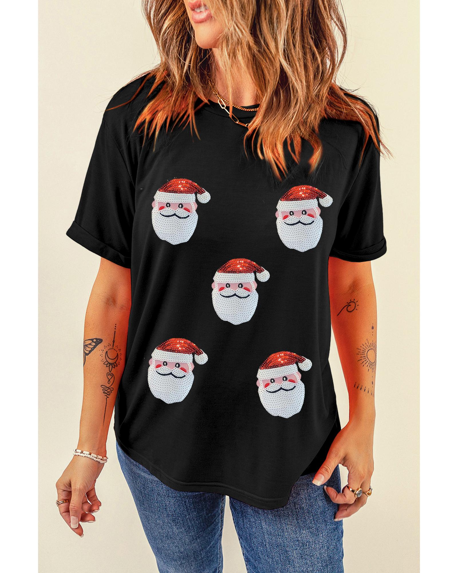 Black Sequin Christmas Claus Pattern Crewneck T Shirt - S