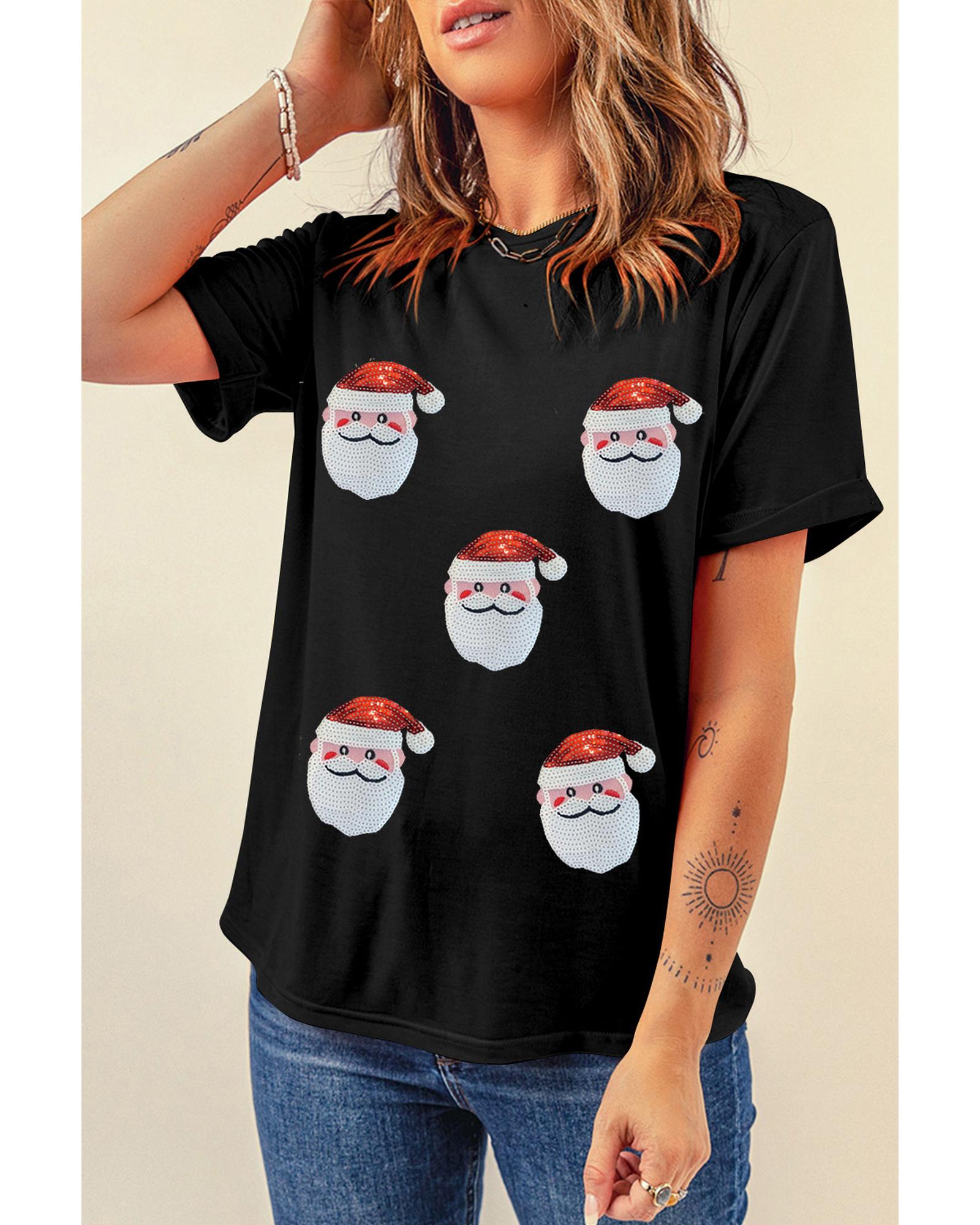 Black Sequin Christmas Claus Pattern Crewneck T Shirt - S