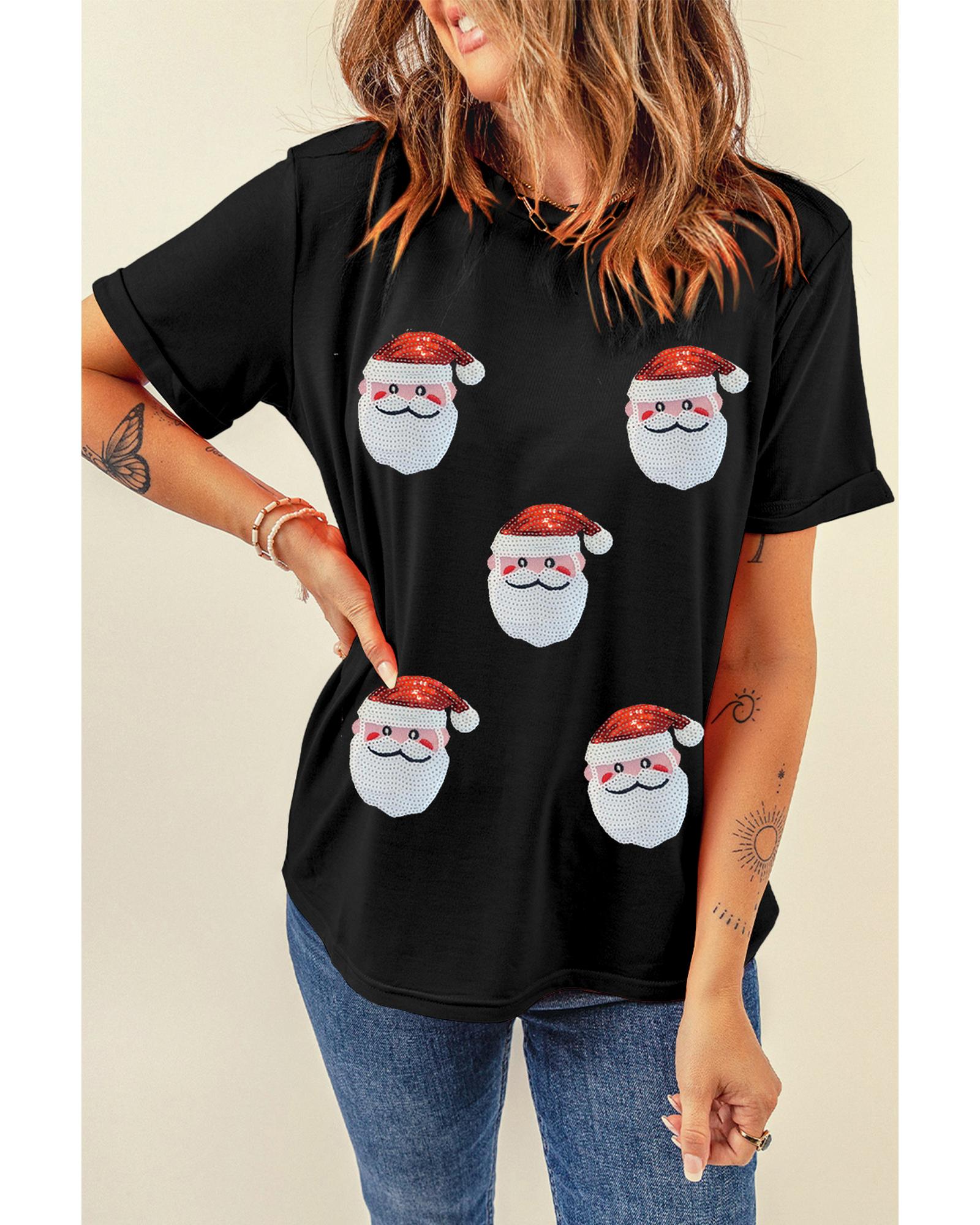 Black Sequin Christmas Claus Pattern Crewneck T Shirt - XL