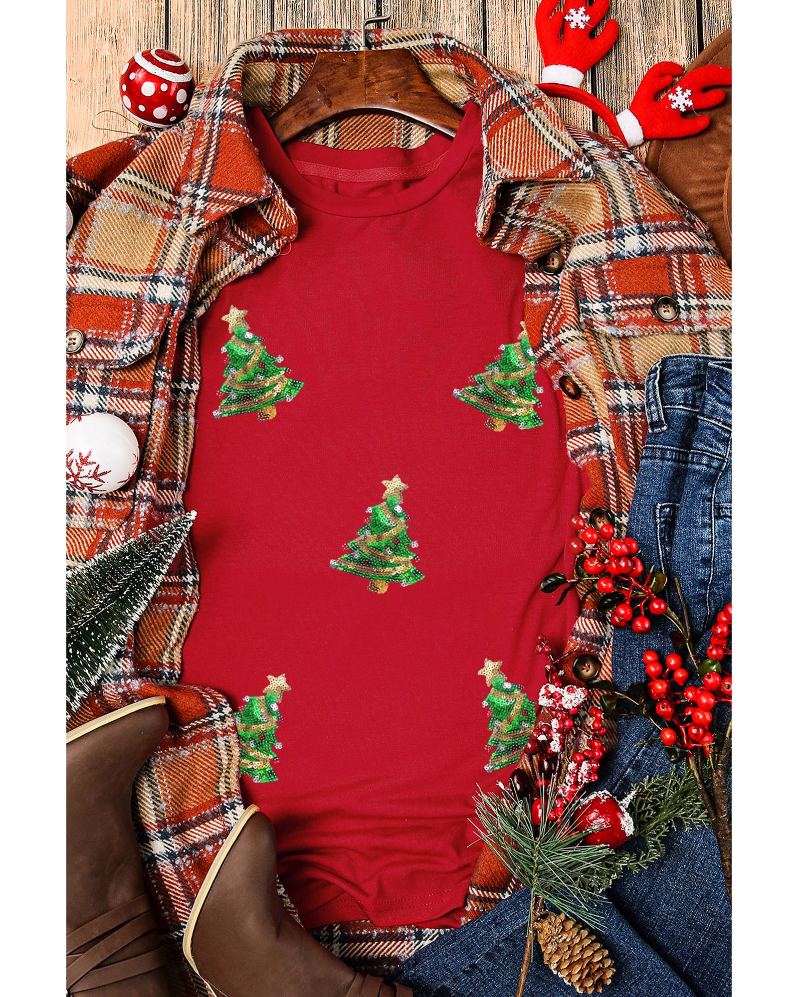 Red Sequined Christmas Tree Graphic Crewneck T Shirt - 2XL