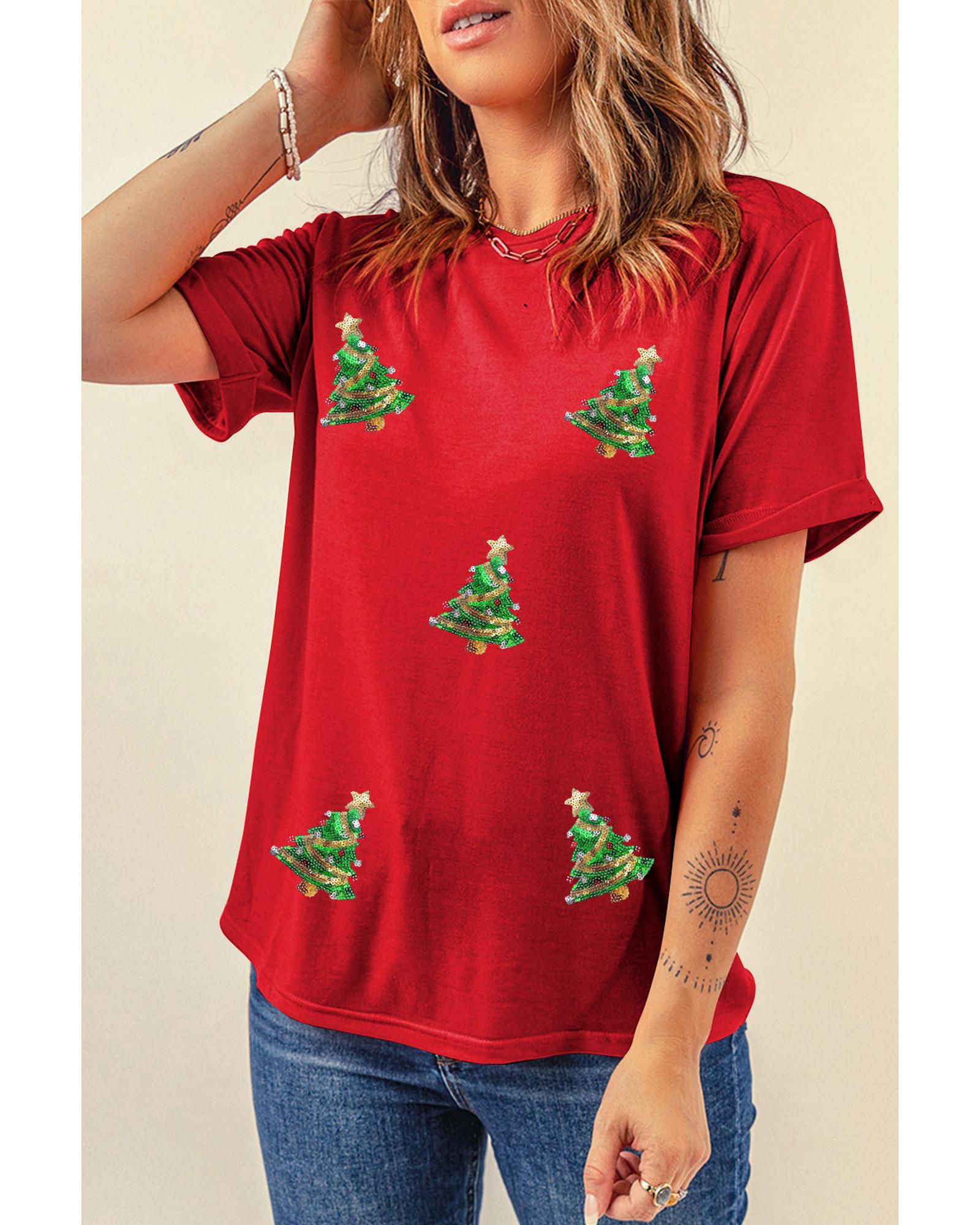 Red Sequined Christmas Tree Graphic Crewneck T Shirt - L