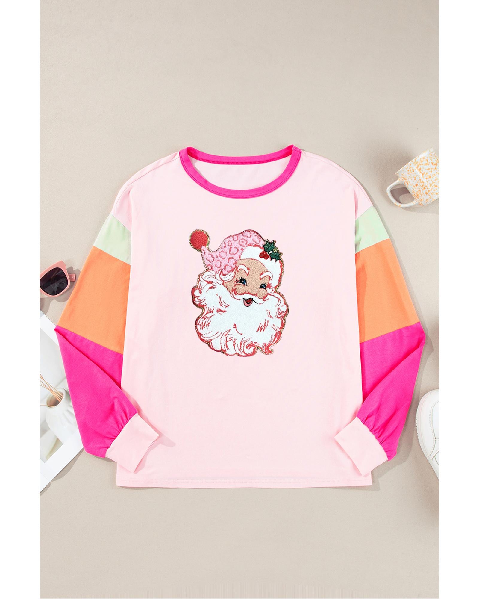 Pink Christmas Santa Claus Graphic Colorblock Patchwork Top - M