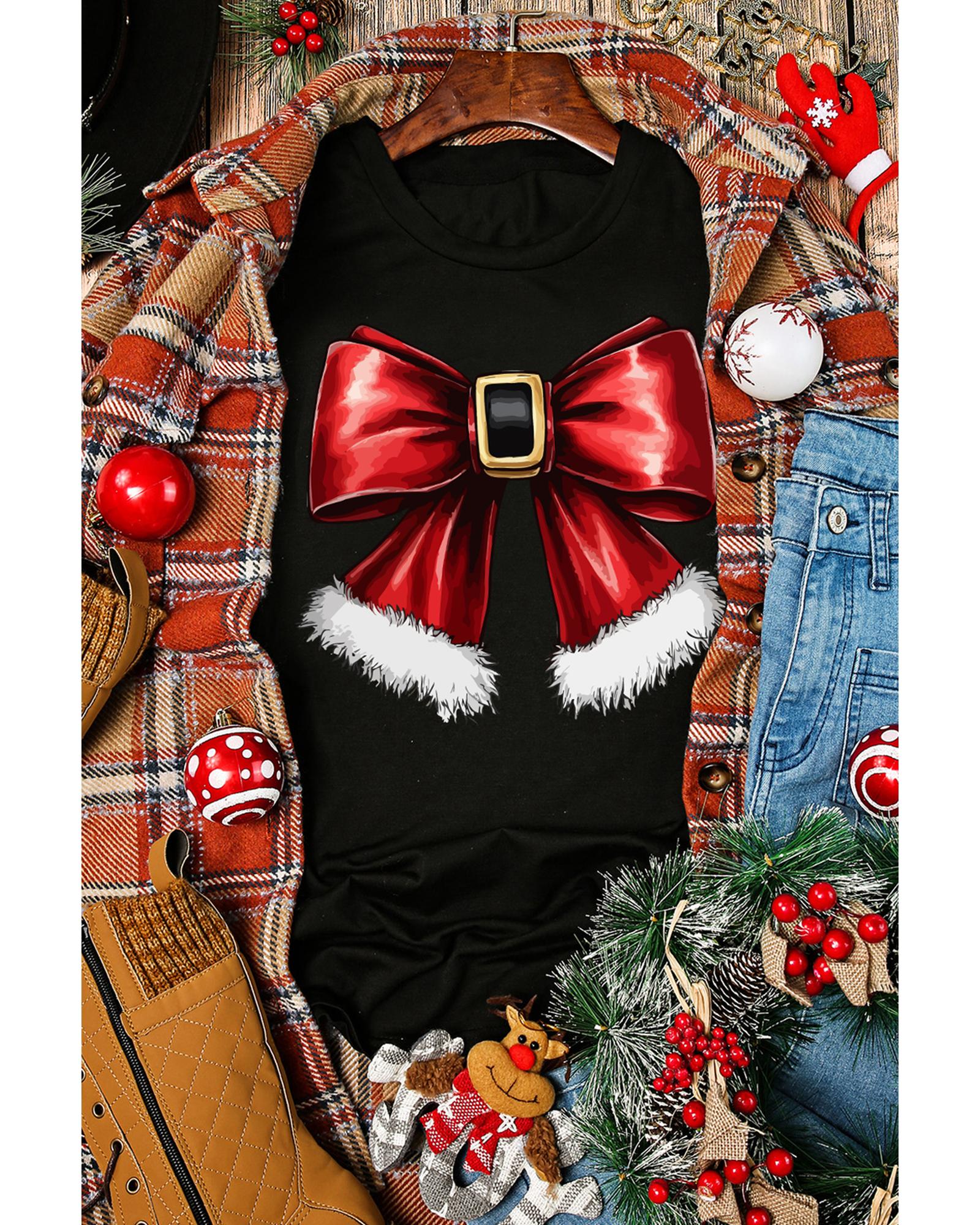 Black Christmas Big Bowknot Graphic Crewneck T Shirt - 2XL