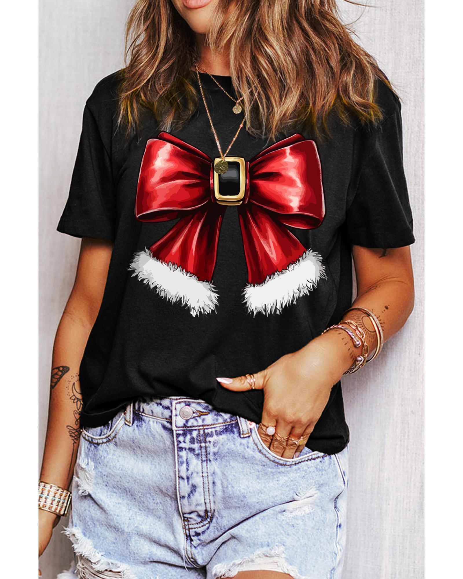 Black Christmas Big Bowknot Graphic Crewneck T Shirt - XL