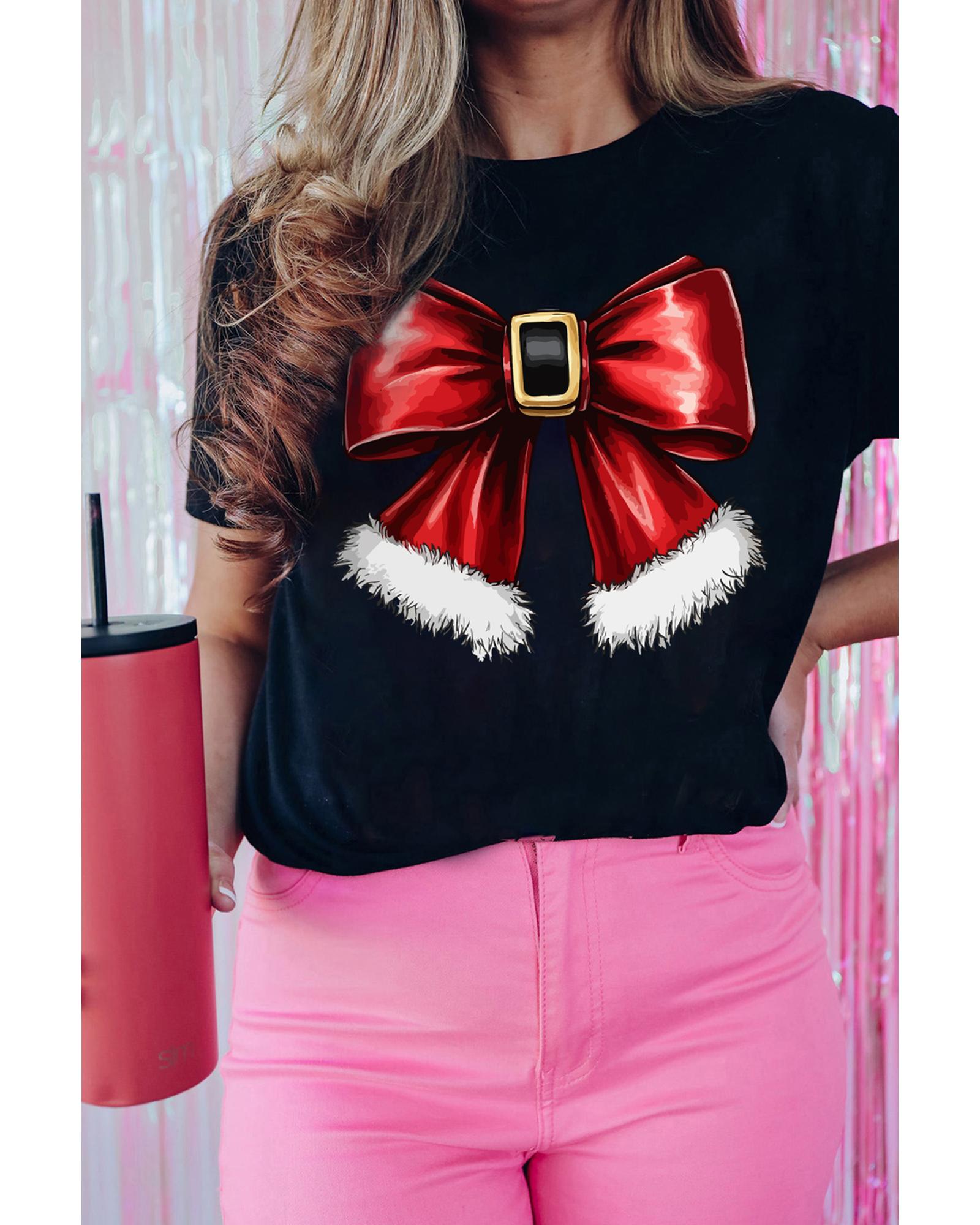 Black Christmas Big Bowknot Graphic Crewneck T Shirt - XL