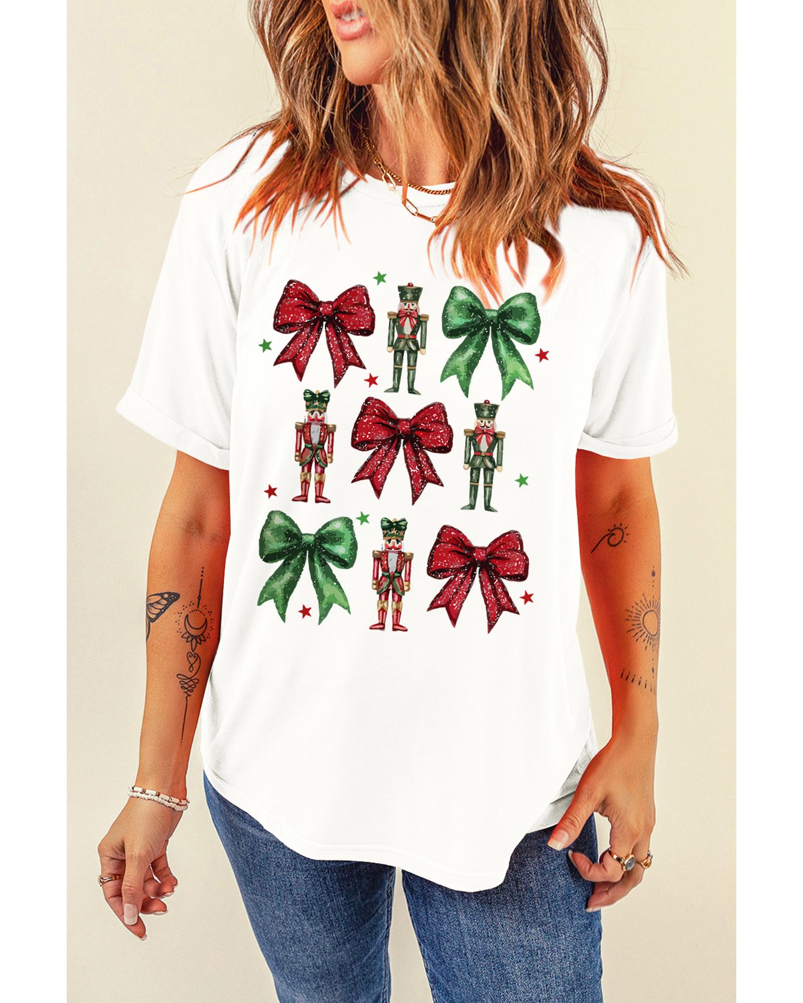 White Bowknot Nutcracker Printed Crewneck Christmas T Shirt - M