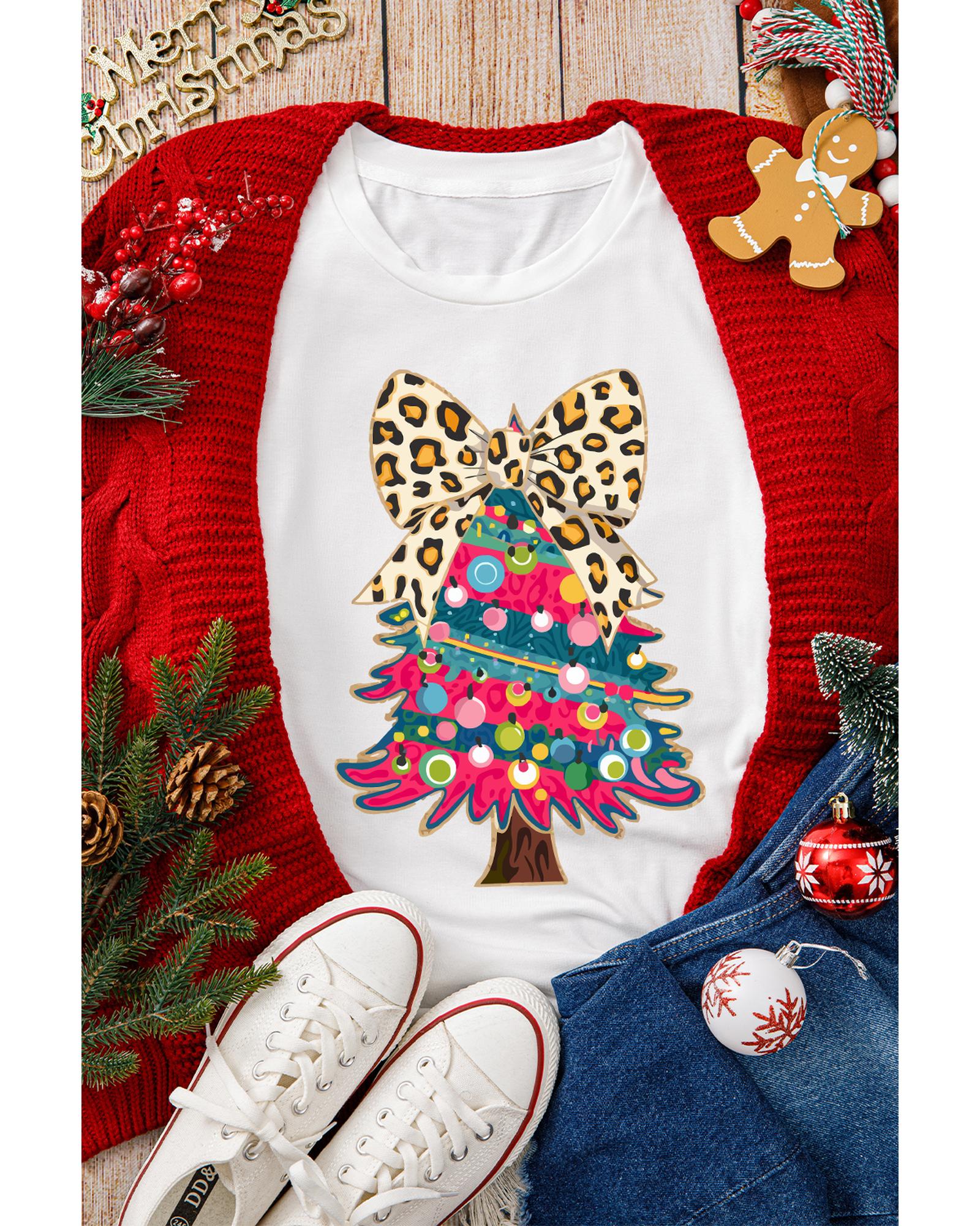 White Leopard Bow Decor Christmas Tree Graphic Crew Neck Tee - 3XL