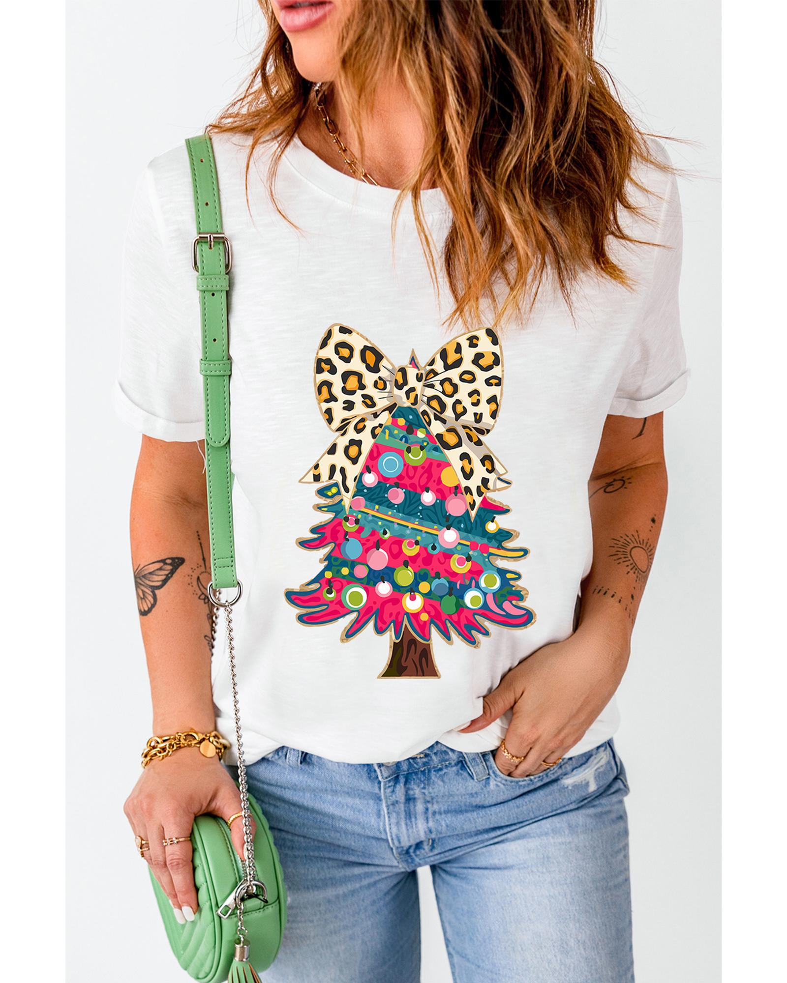 White Leopard Bow Decor Christmas Tree Graphic Crew Neck Tee - 3XL