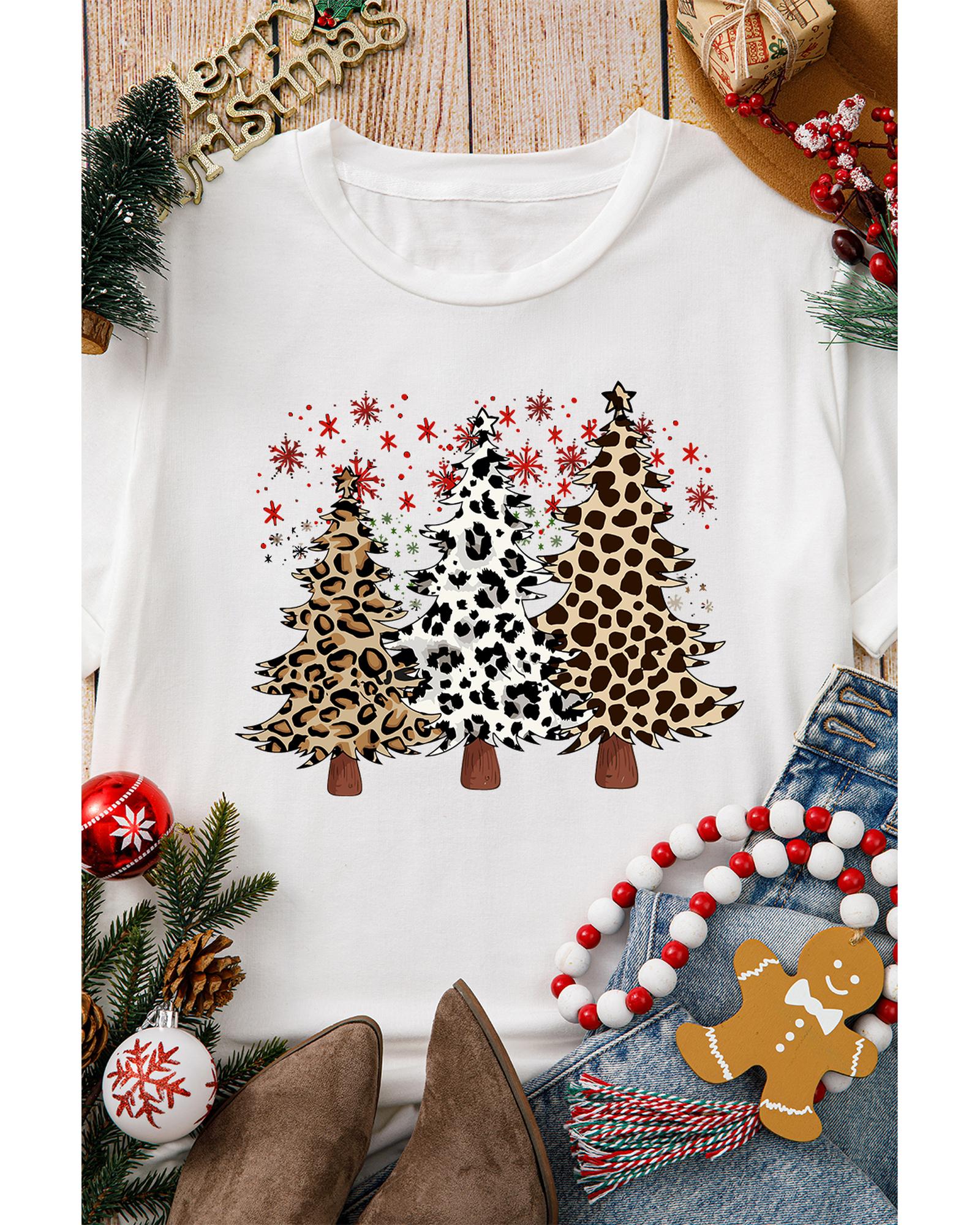 White Leopard Christmas Tree Graphic Crewneck Tee - 3XL