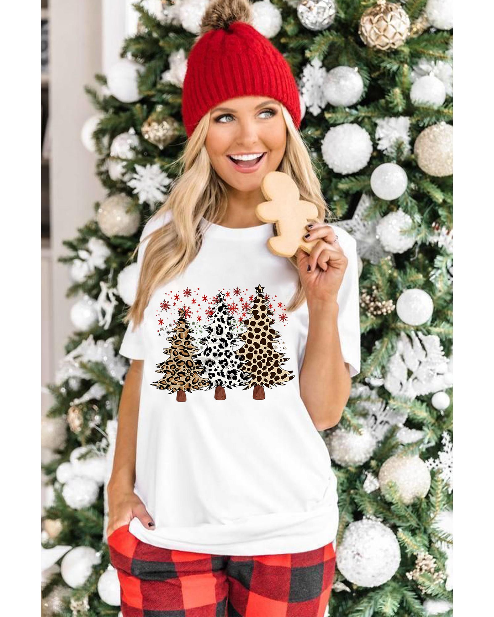 White Leopard Christmas Tree Graphic Crewneck Tee - M
