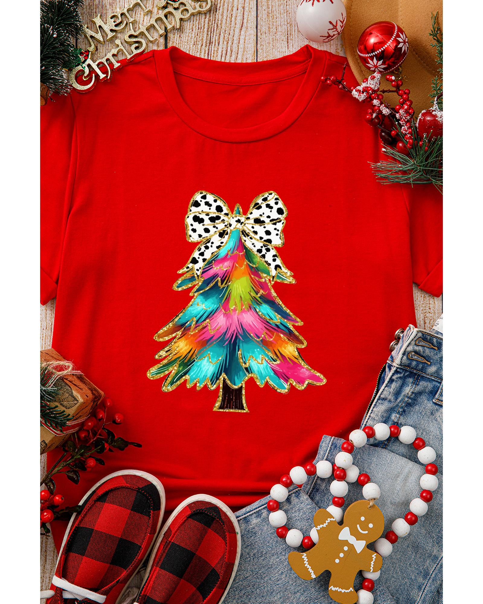 Red Bow Decor Christmas Tree Graphic Holiday T Shirt - XL