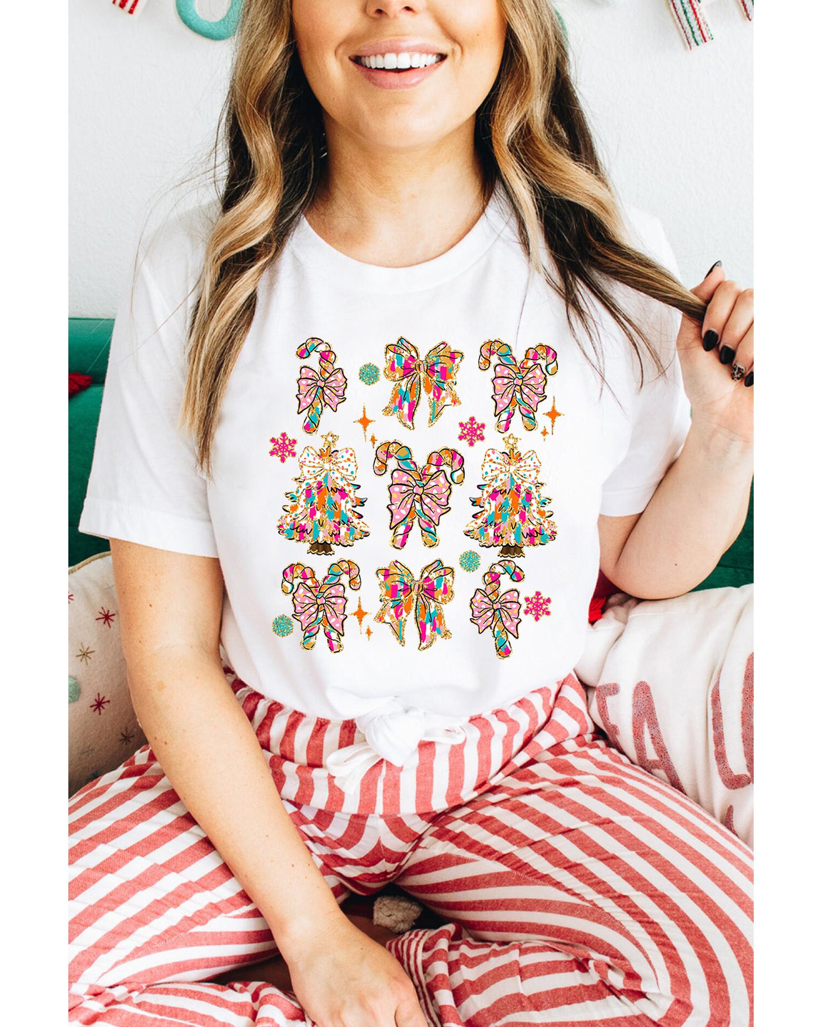 White Christmas Tree Bow Knot Print Round Neck T Shirt - 3XL