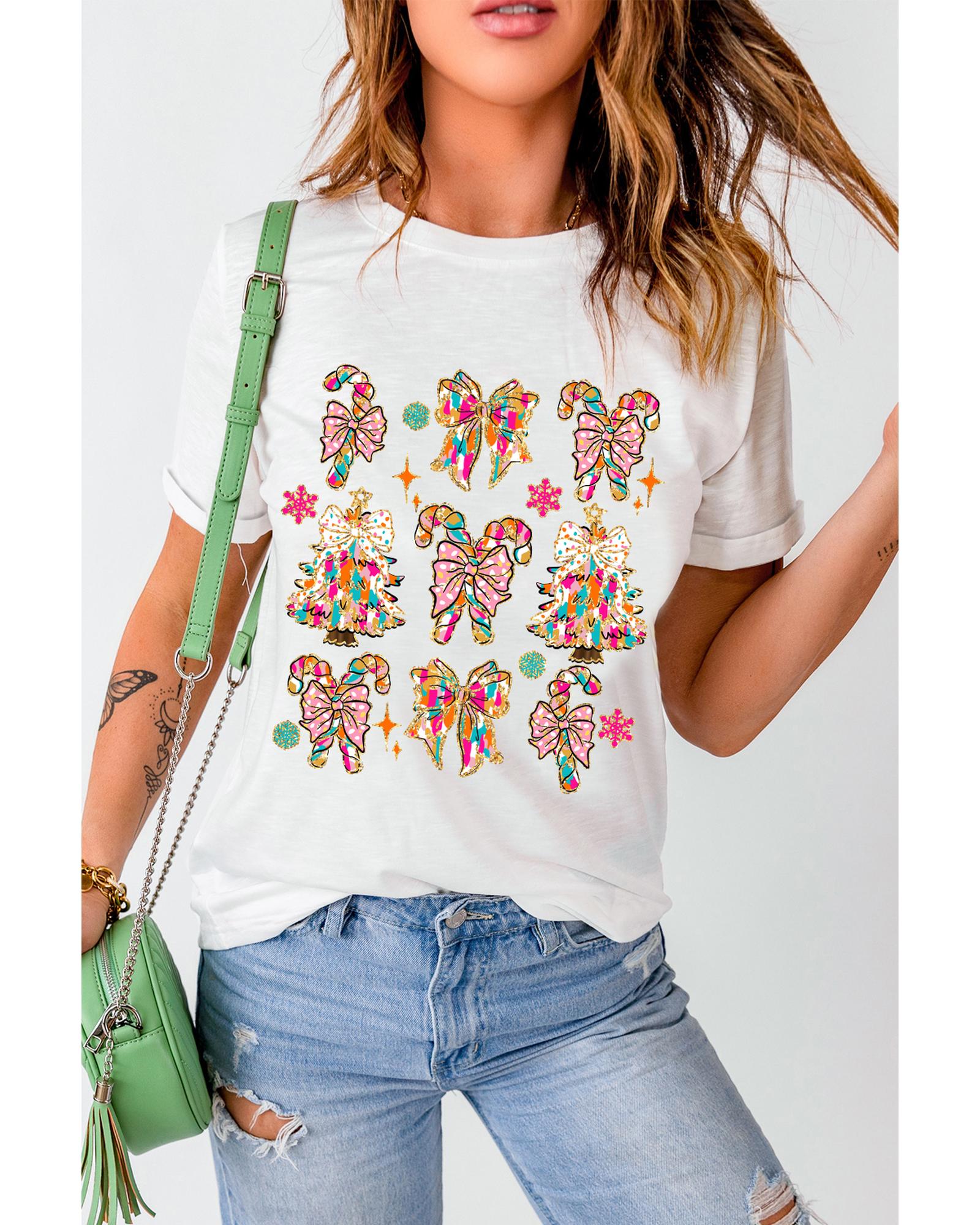 White Christmas Tree Bow Knot Print Round Neck T Shirt - 3XL