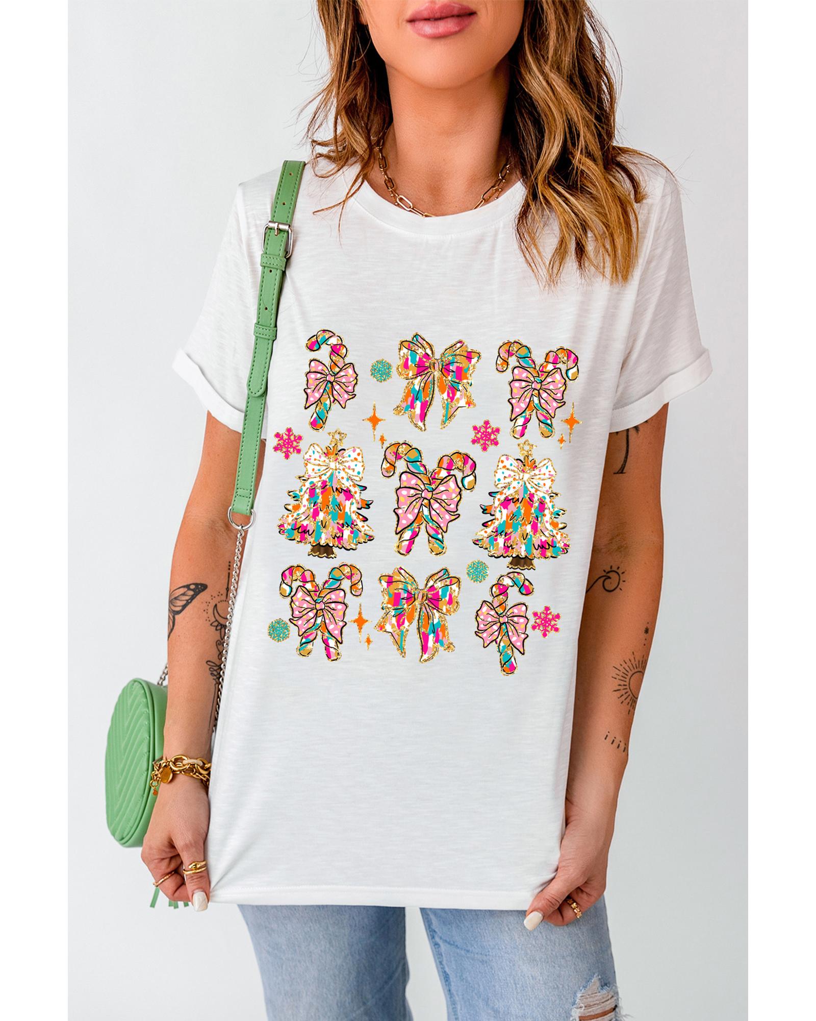 White Christmas Tree Bow Knot Print Round Neck T Shirt - 3XL