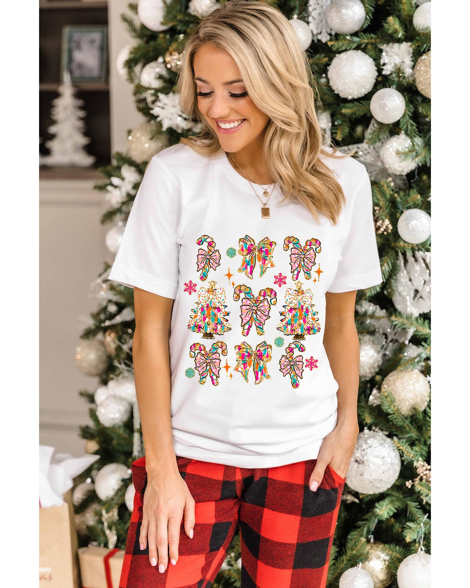 White Christmas Tree Bow Knot Print Round Neck T Shirt - 3XL