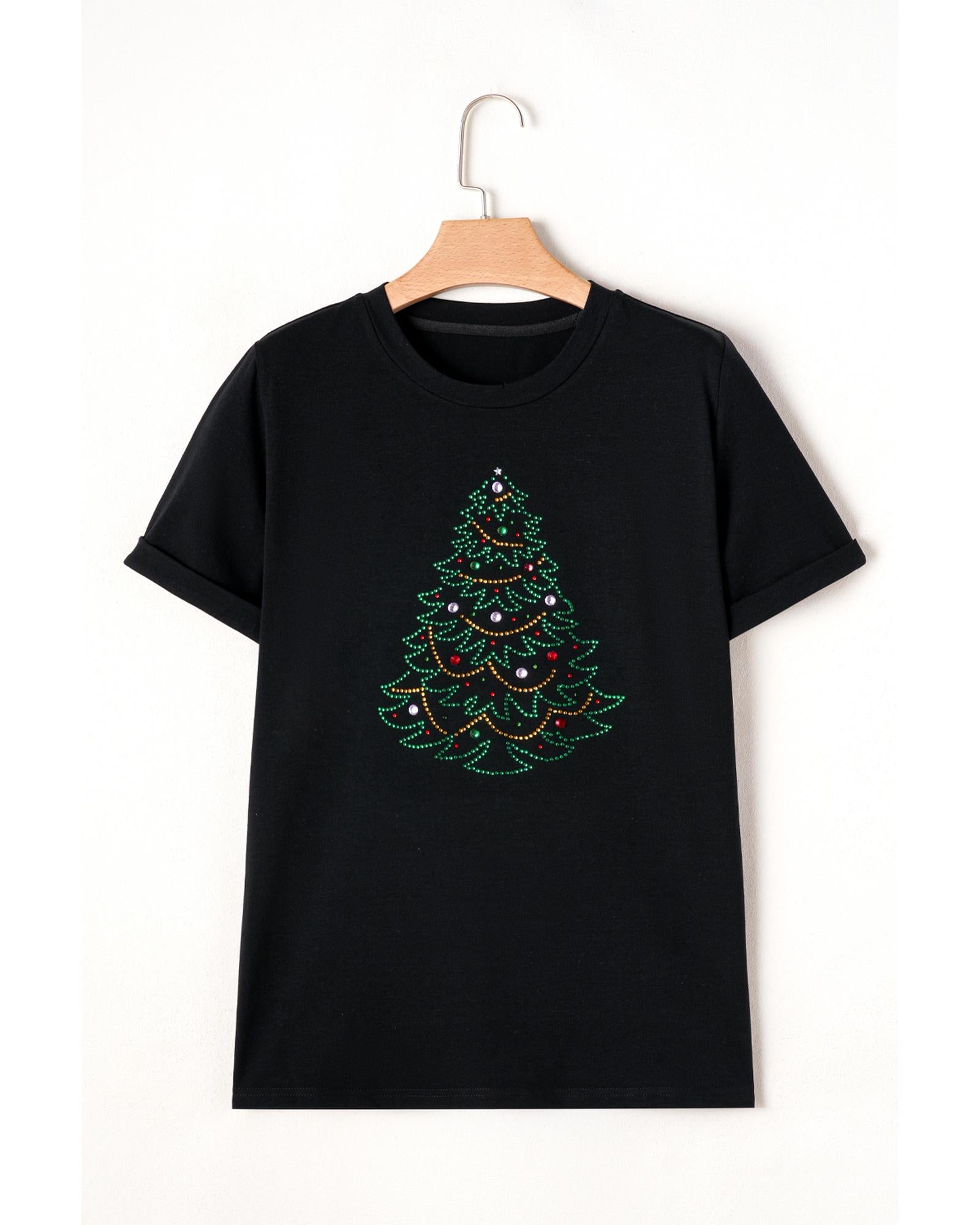 Black Rhinestone Christmas Tree Round Neck Graphic Tee - L