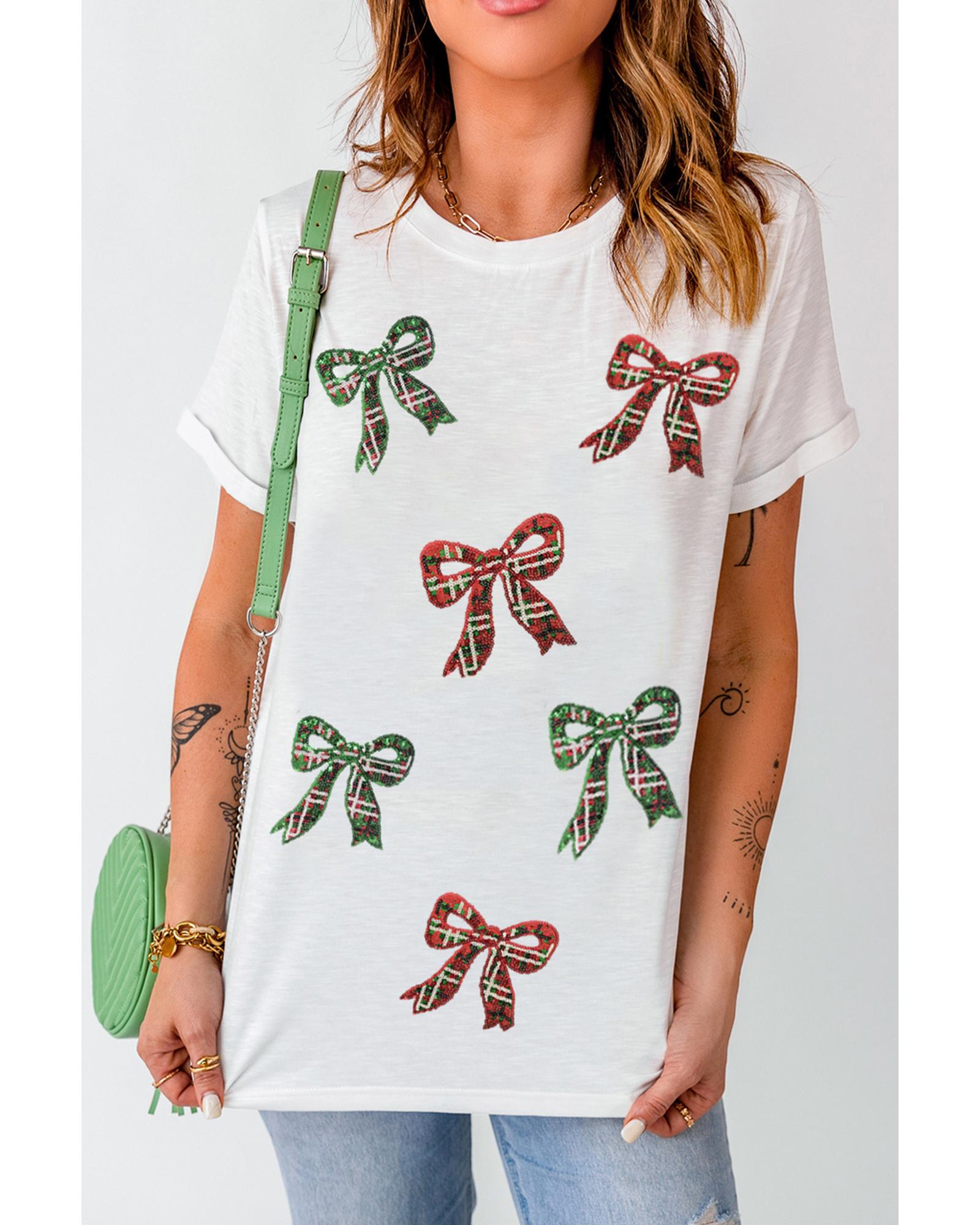 White Christmas Bowknot Graphic Cotton Blend T Shirt - 2XL