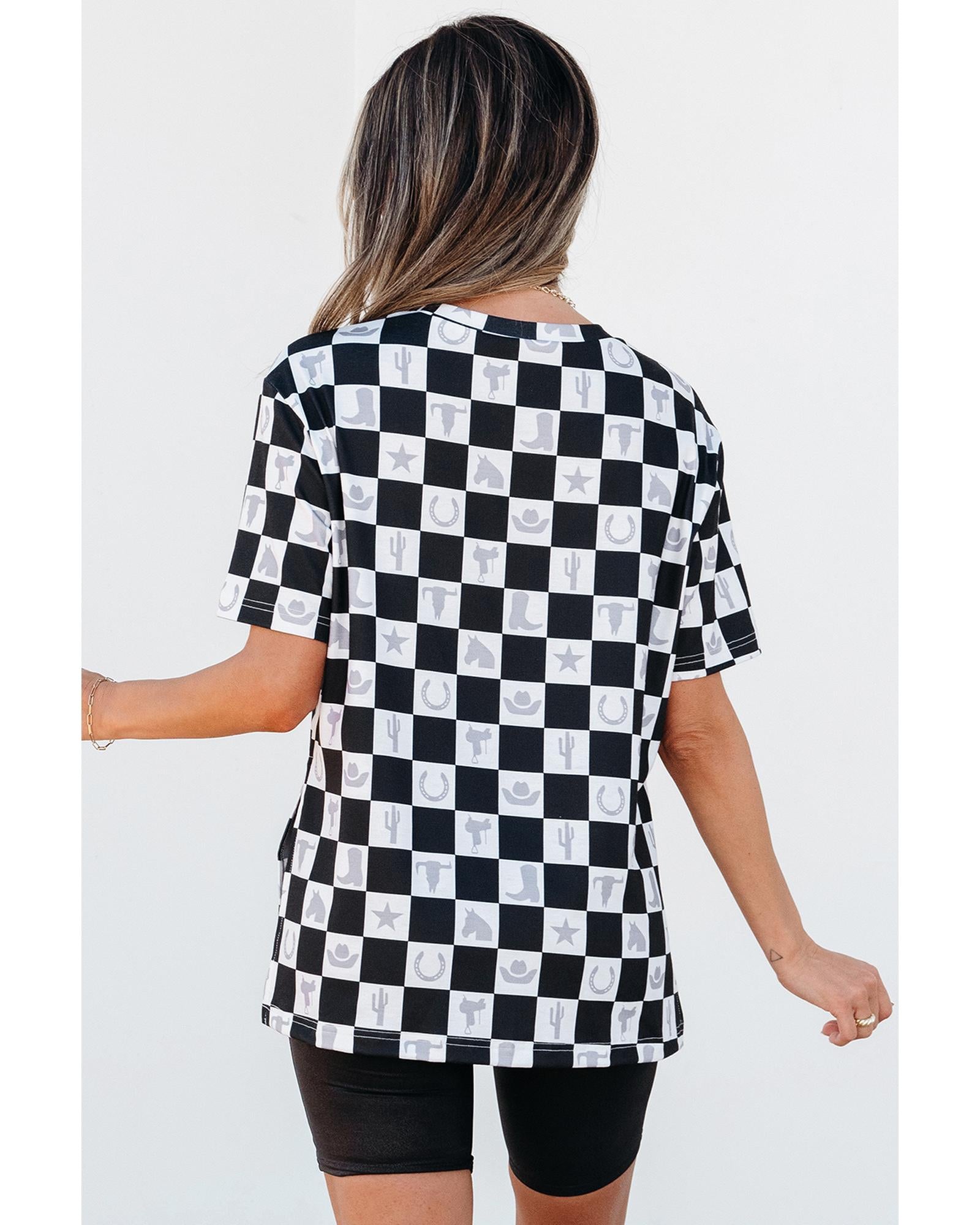 Black Western Fashion Checkerboard Print Side Split T Shirt - L