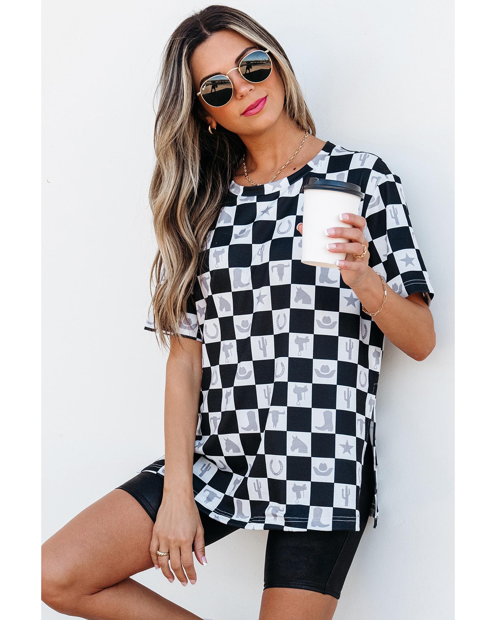 Black Western Fashion Checkerboard Print Side Split T Shirt - L