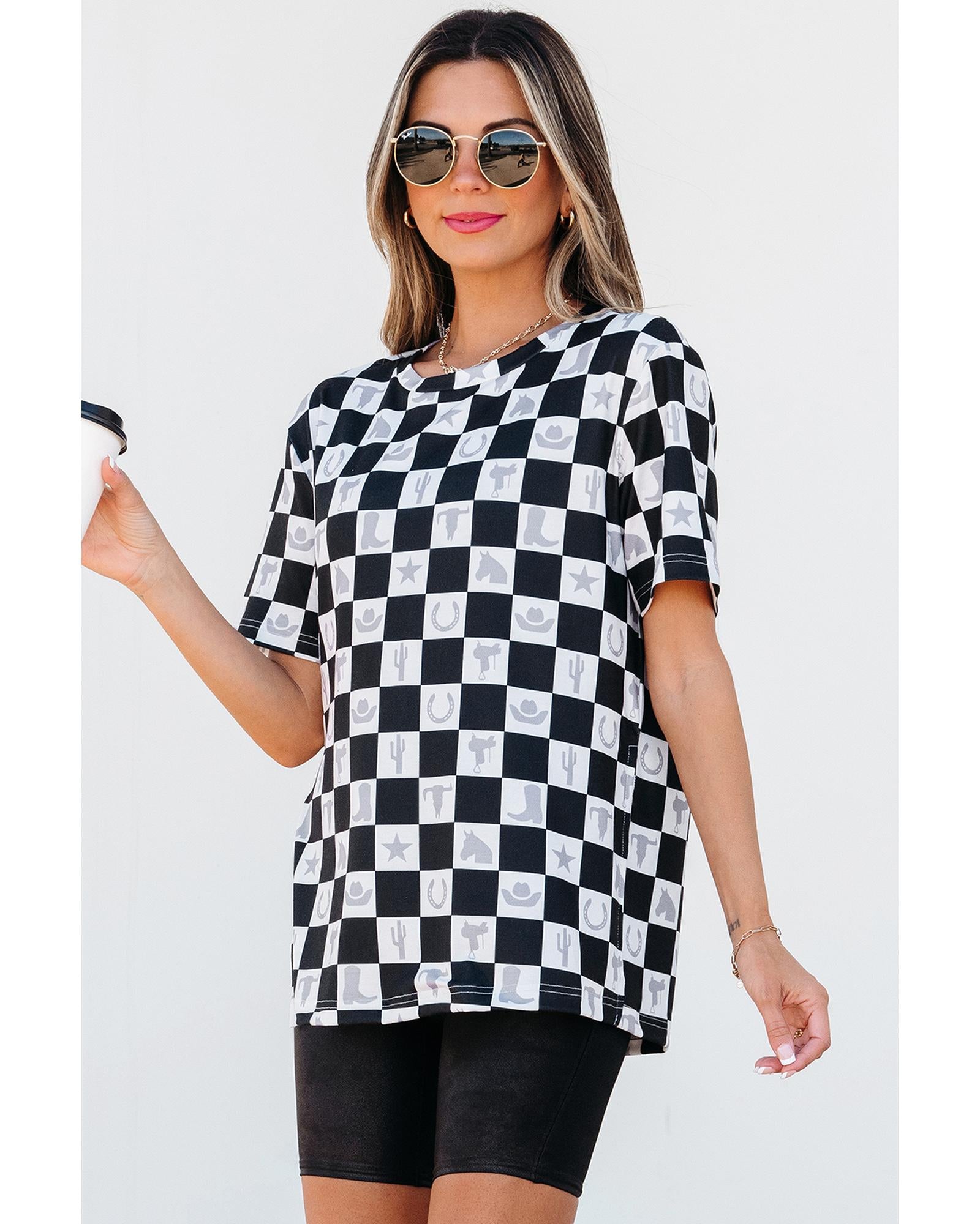 Black Western Fashion Checkerboard Print Side Split T Shirt - L