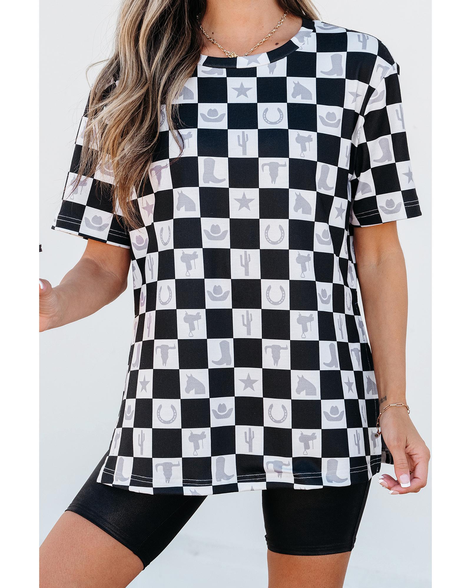 Black Western Fashion Checkerboard Print Side Split T Shirt - L