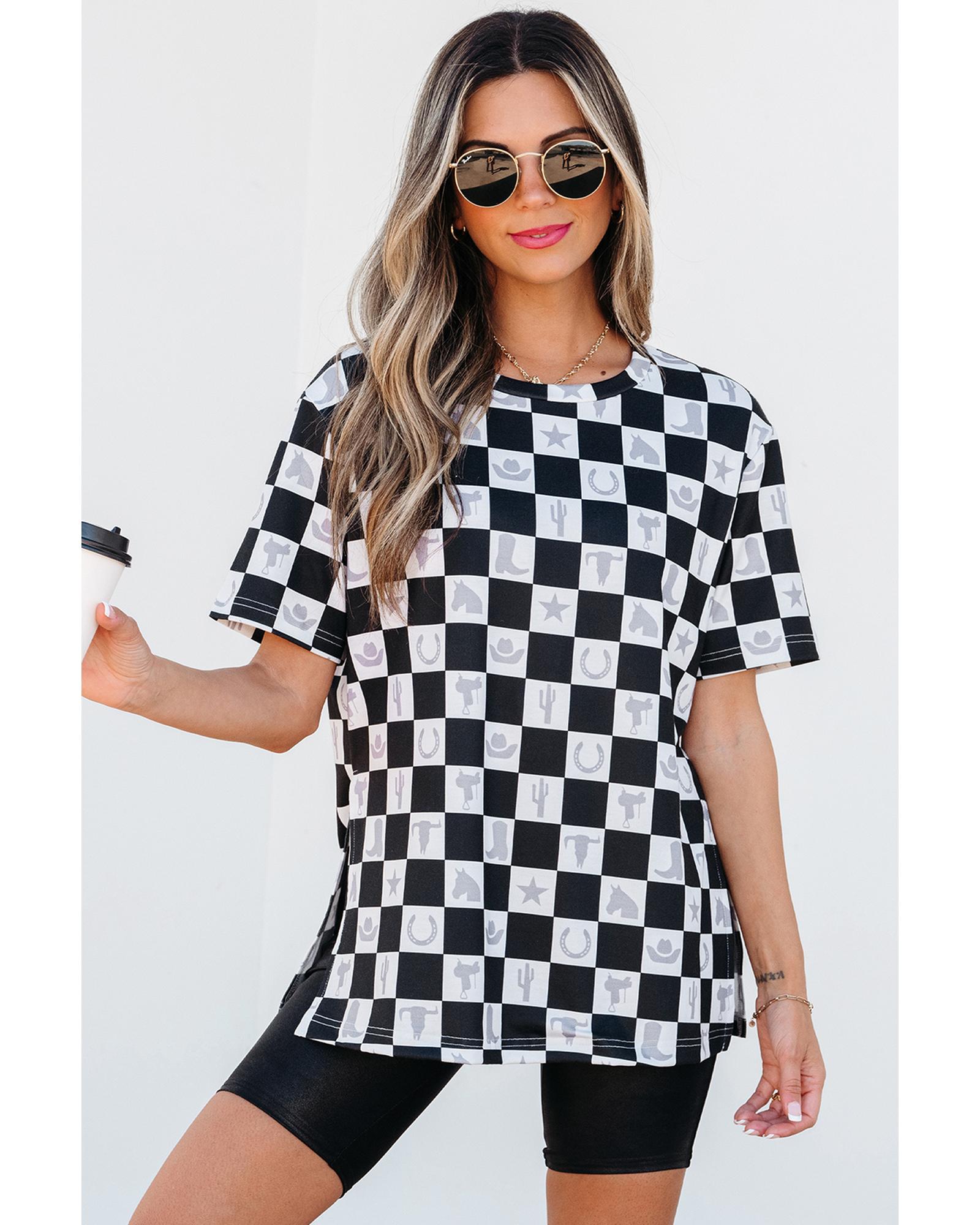 Black Western Fashion Checkerboard Print Side Split T Shirt - S