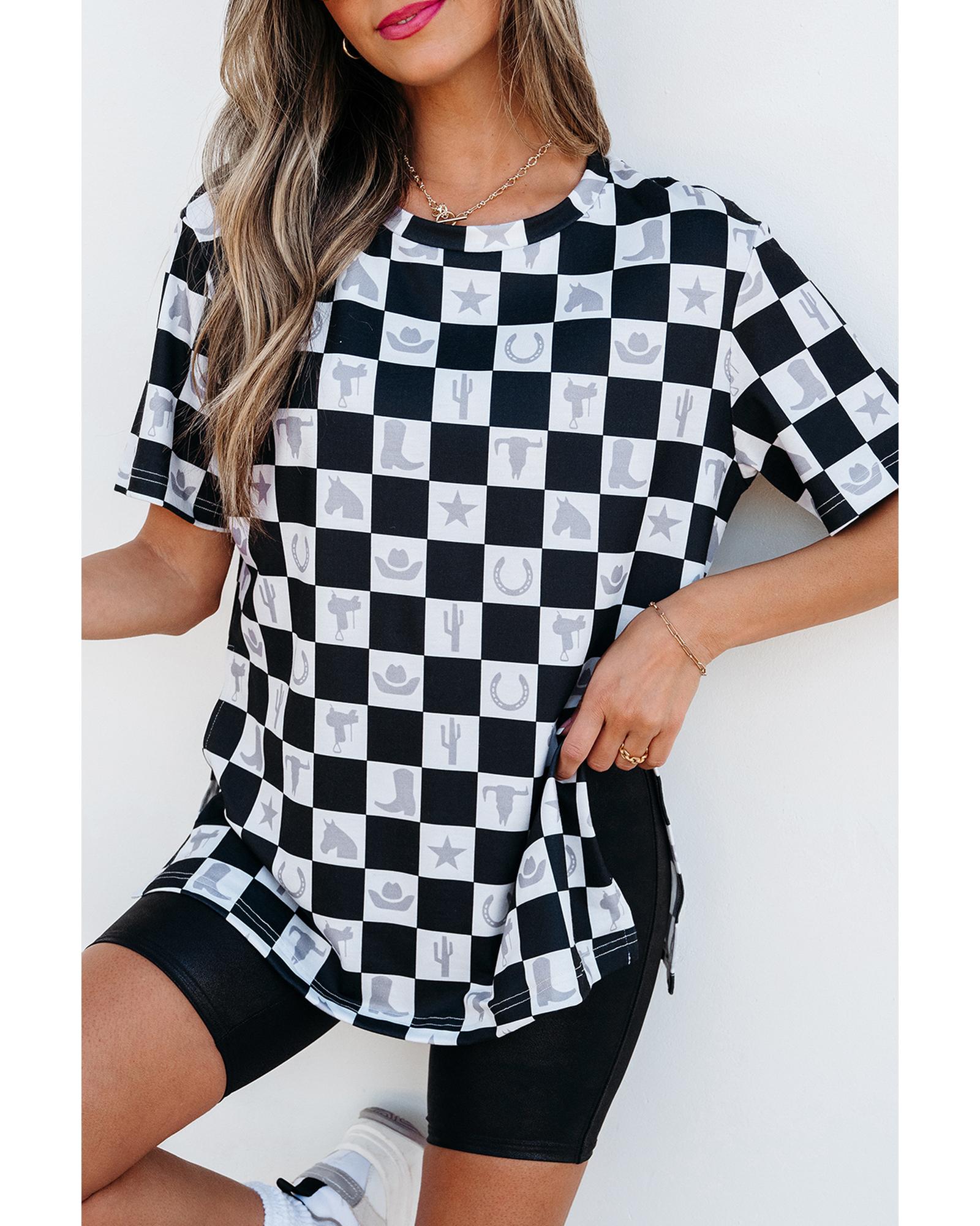 Black Western Fashion Checkerboard Print Side Split T Shirt - S