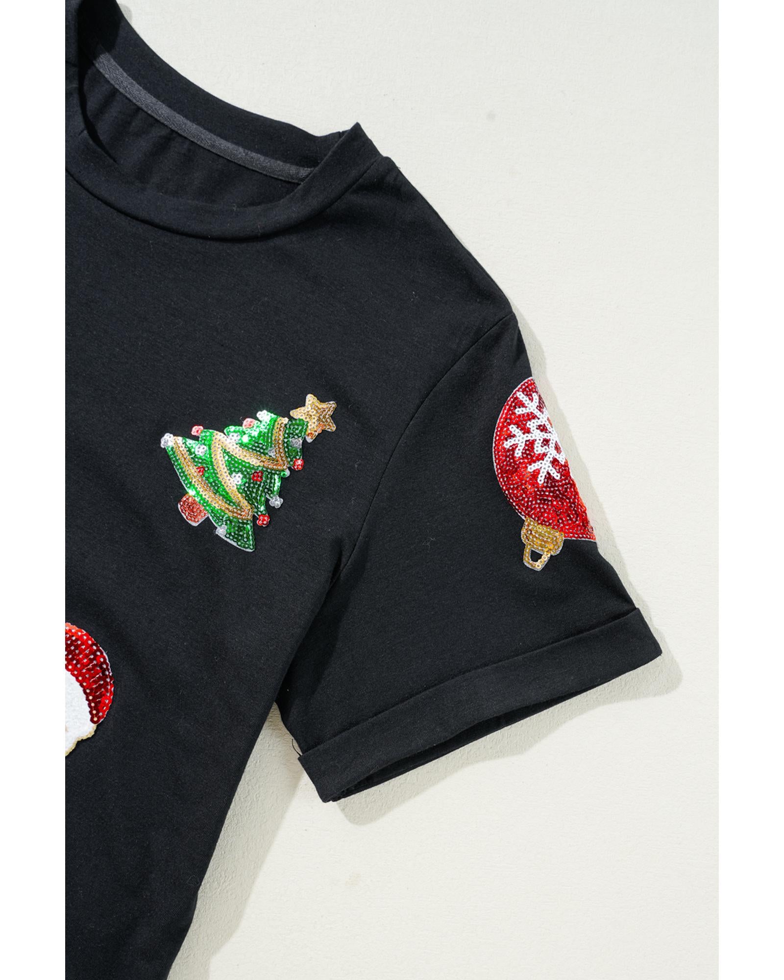Black Sequin Christmas Essentials Graphic Crewneck T Shirt - L