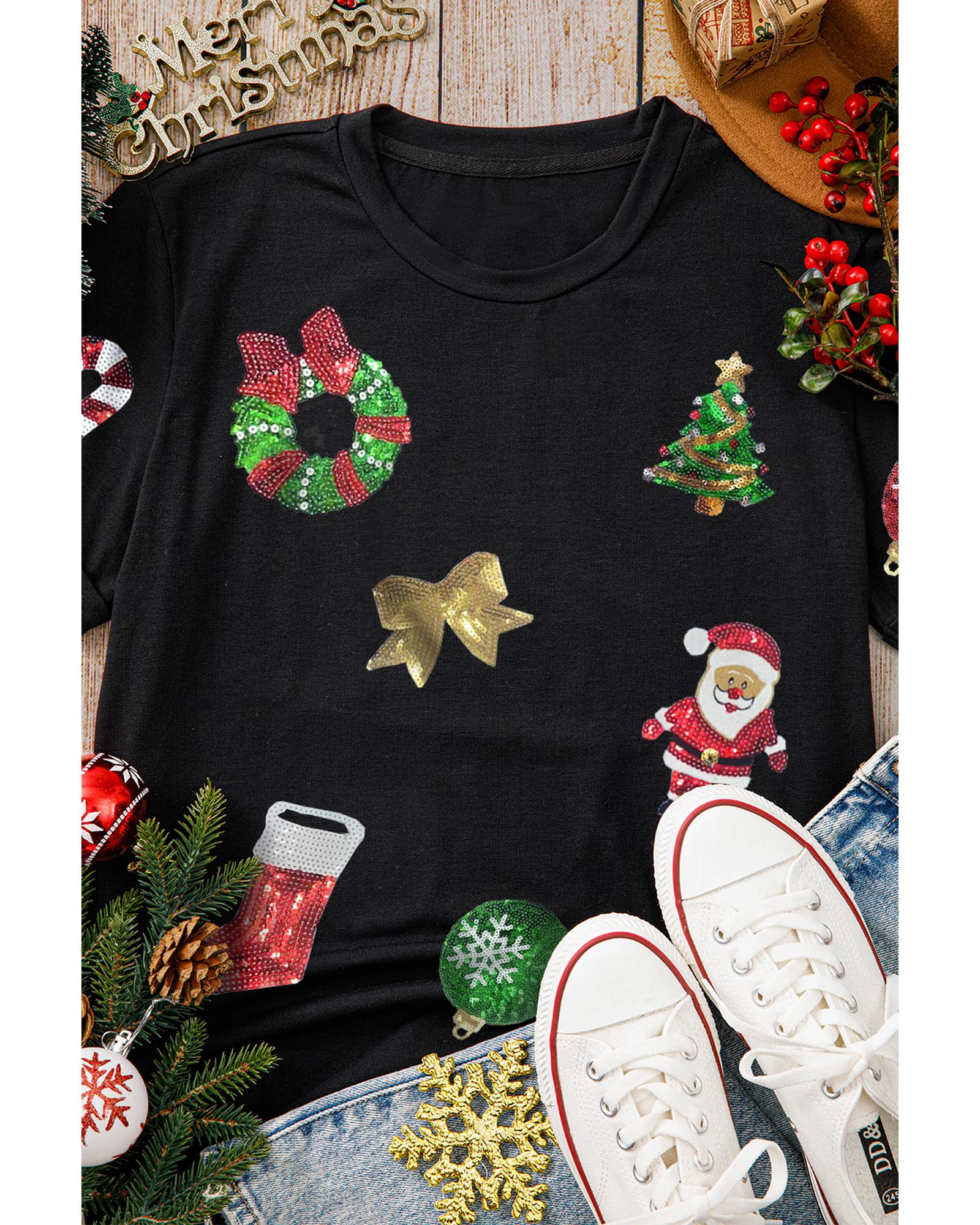Black Sequin Christmas Essentials Graphic Crewneck T Shirt - M