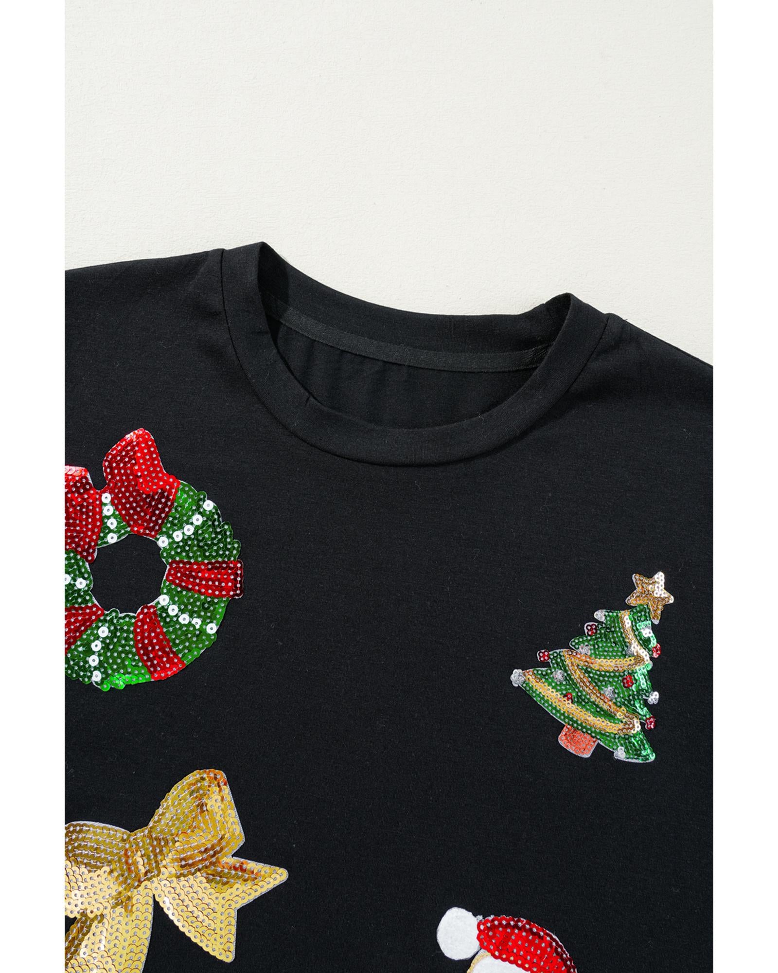 Black Sequin Christmas Essentials Graphic Crewneck T Shirt - M