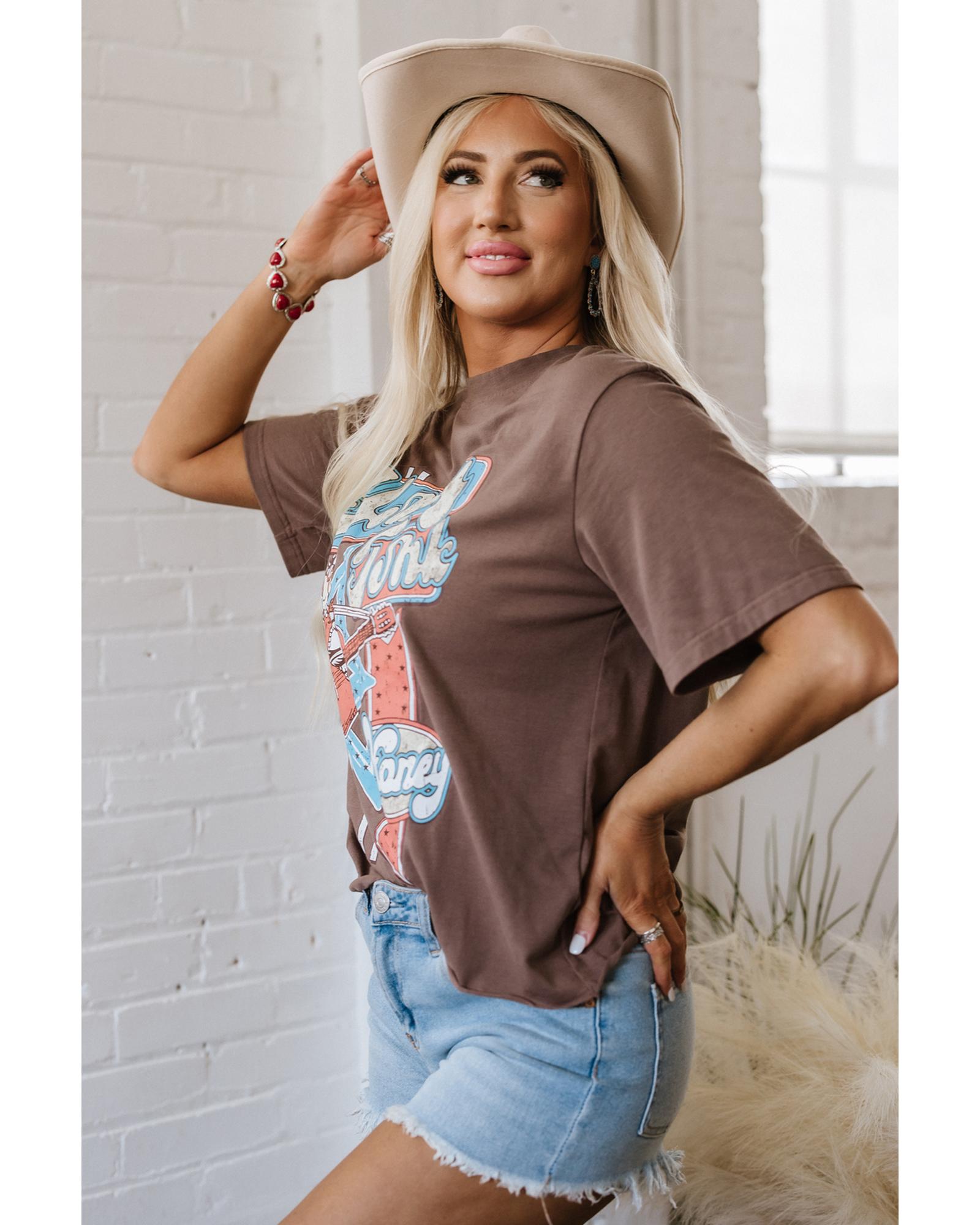 Chicory Coffee Honky Tonk Honey Graphic Crew Neck Western Fashion Tee - M