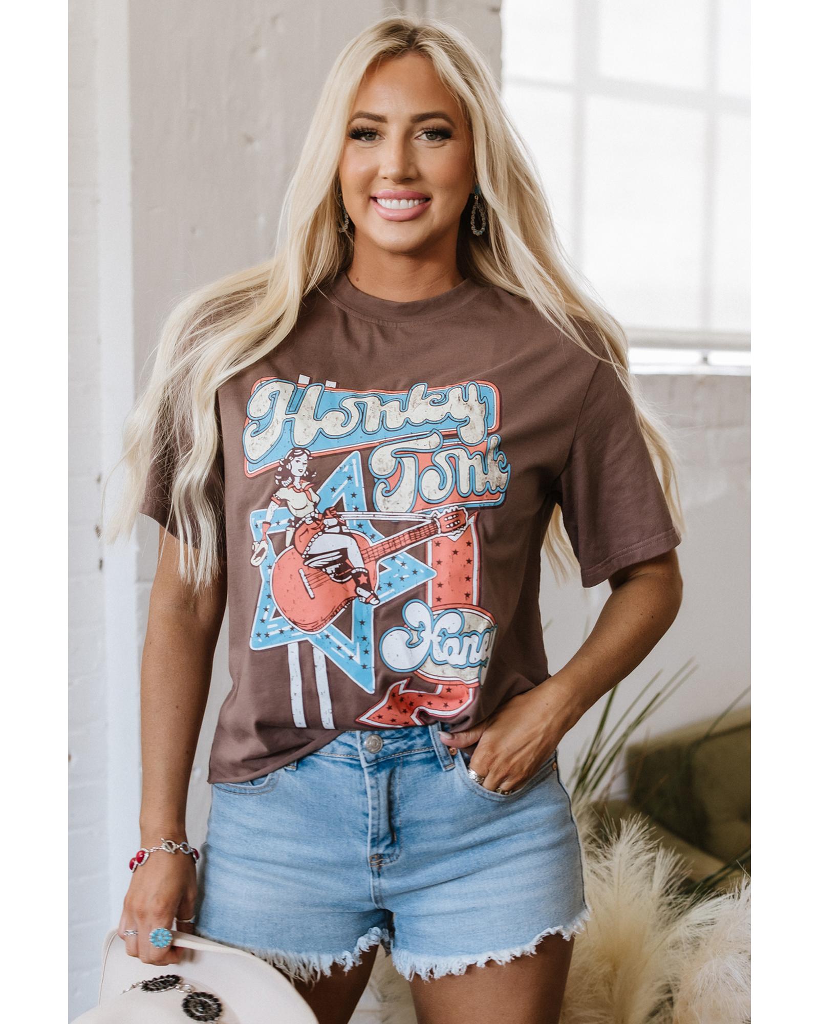 Chicory Coffee Honky Tonk Honey Graphic Crew Neck Western Fashion Tee - M