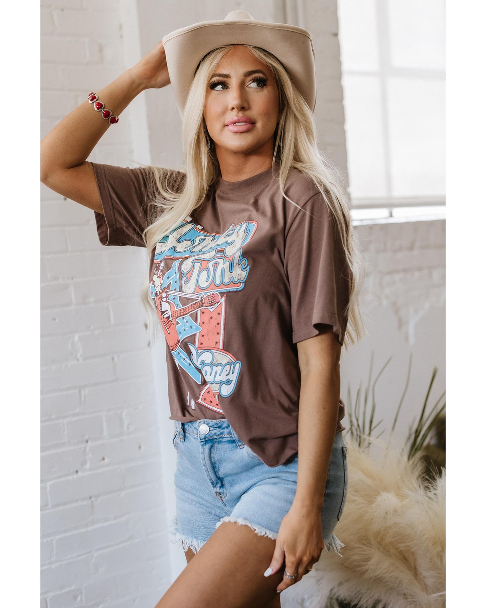 Chicory Coffee Honky Tonk Honey Graphic Crew Neck Western Fashion Tee - M