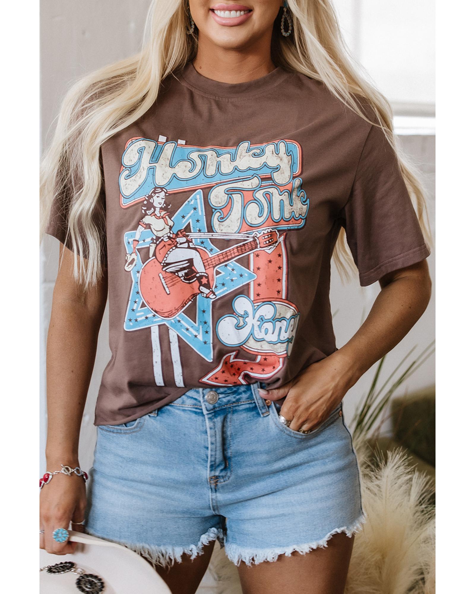 Chicory Coffee Honky Tonk Honey Graphic Crew Neck Western Fashion Tee - M