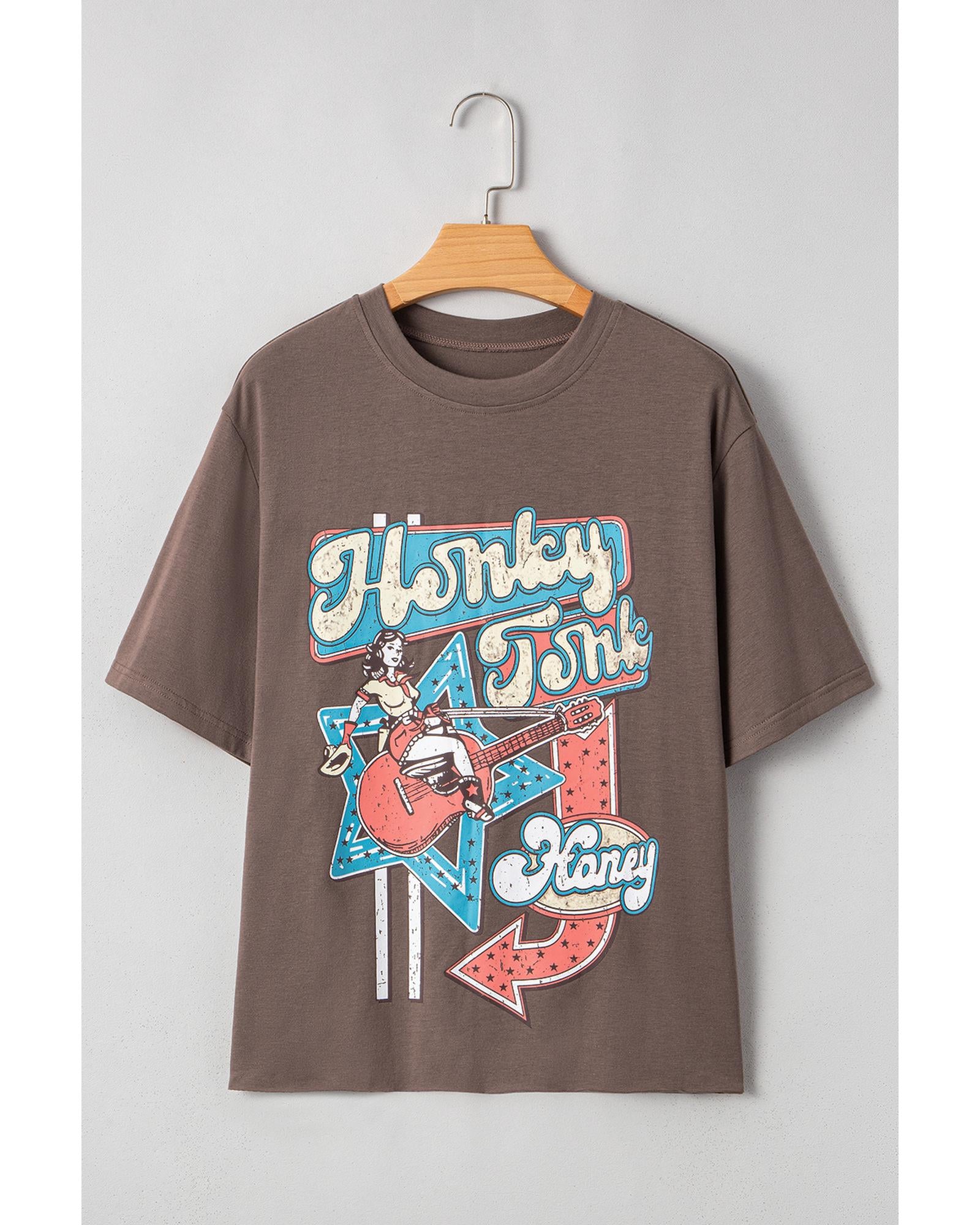Chicory Coffee Honky Tonk Honey Graphic Crew Neck Western Fashion Tee - M