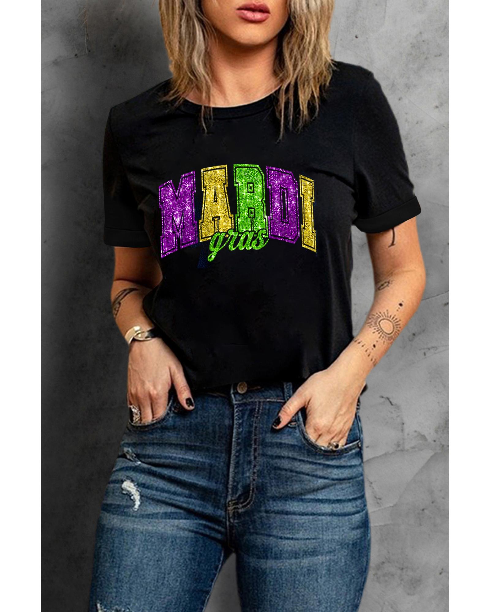 Black Mardi Gras Heat Transfer Graphic Holiday Tee - 2XL