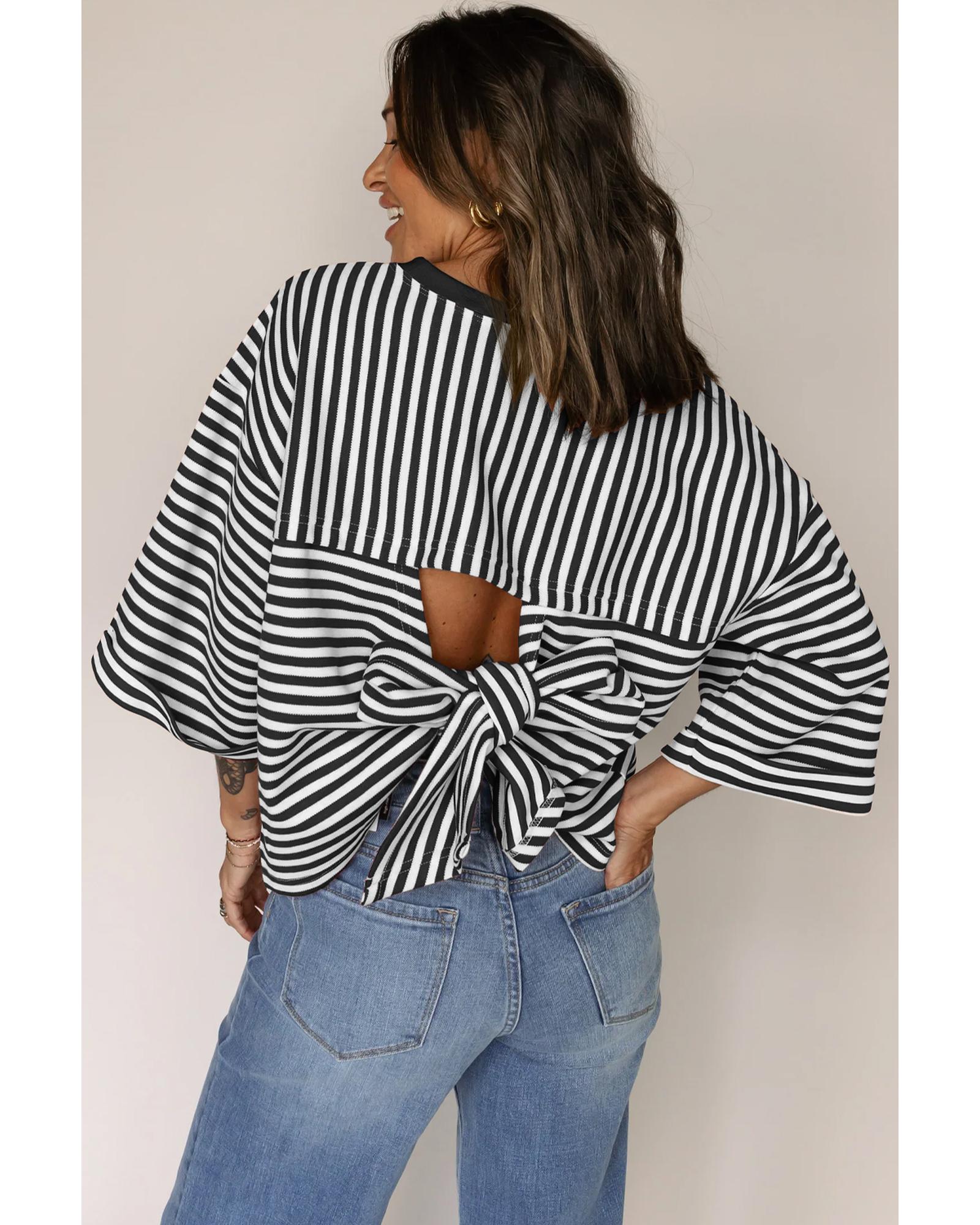 Black Stripe Bowknot Cutout Back Drop Shoulder Wide Bracelet Sleeve Loose Tee - L
