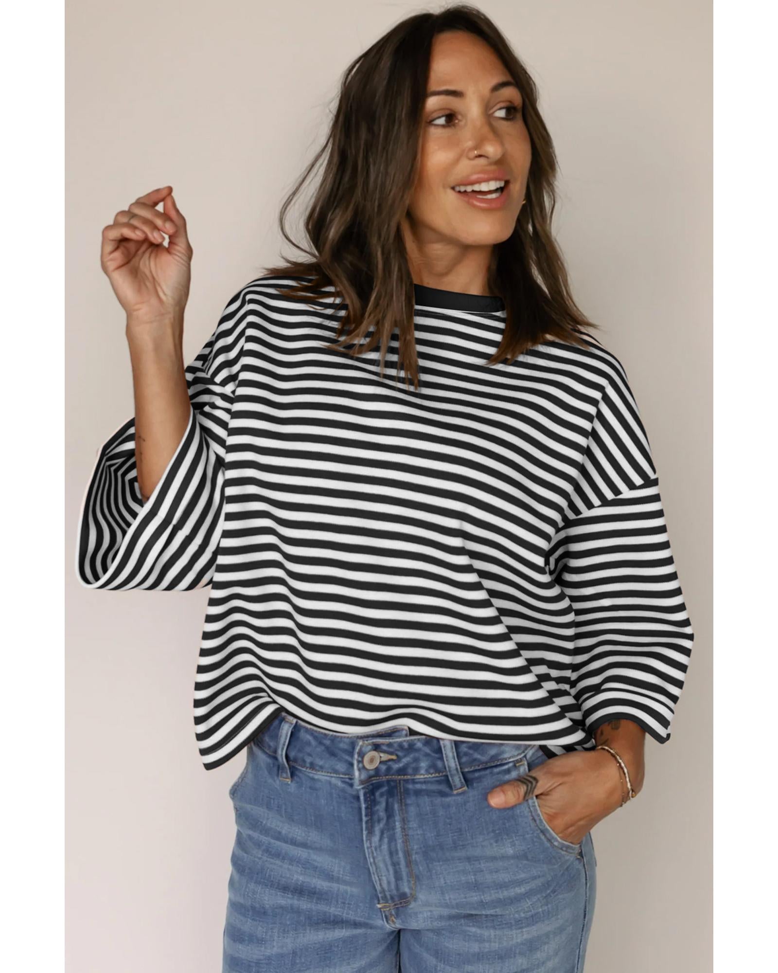 Black Stripe Bowknot Cutout Back Drop Shoulder Wide Bracelet Sleeve Loose Tee - L