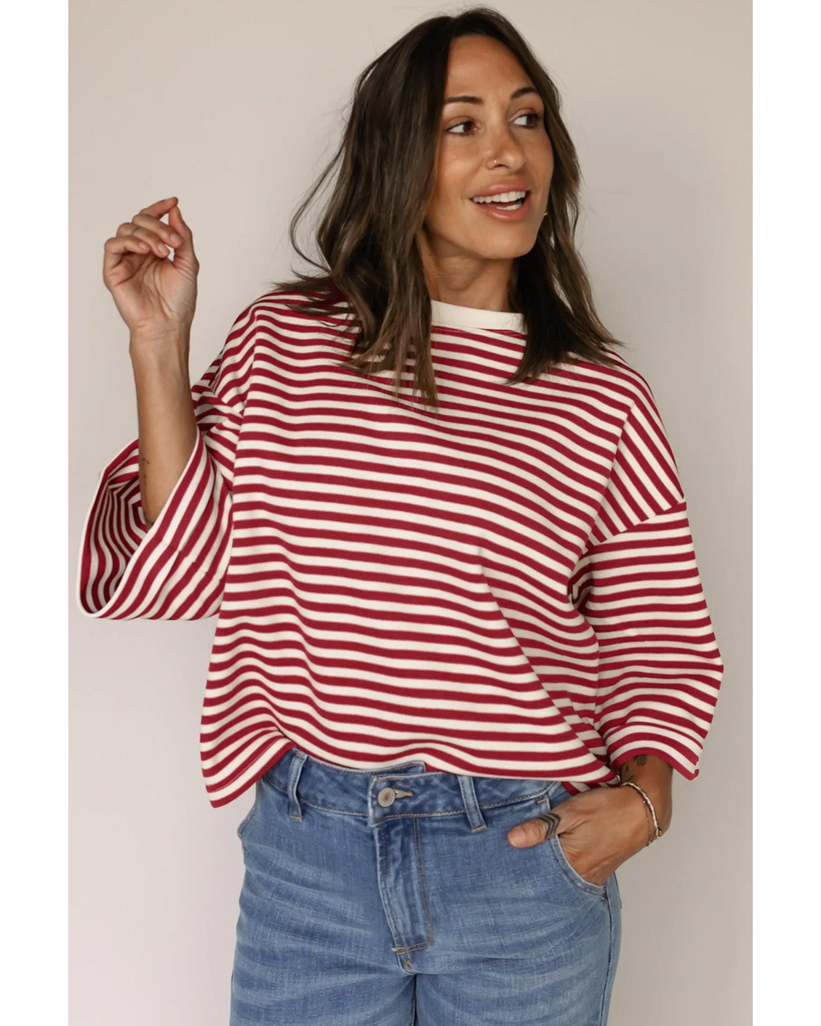 Red Stripe Bowknot Cutout Back Drop Shoulder Wide Bracelet Sleeve Loose Tee - XL