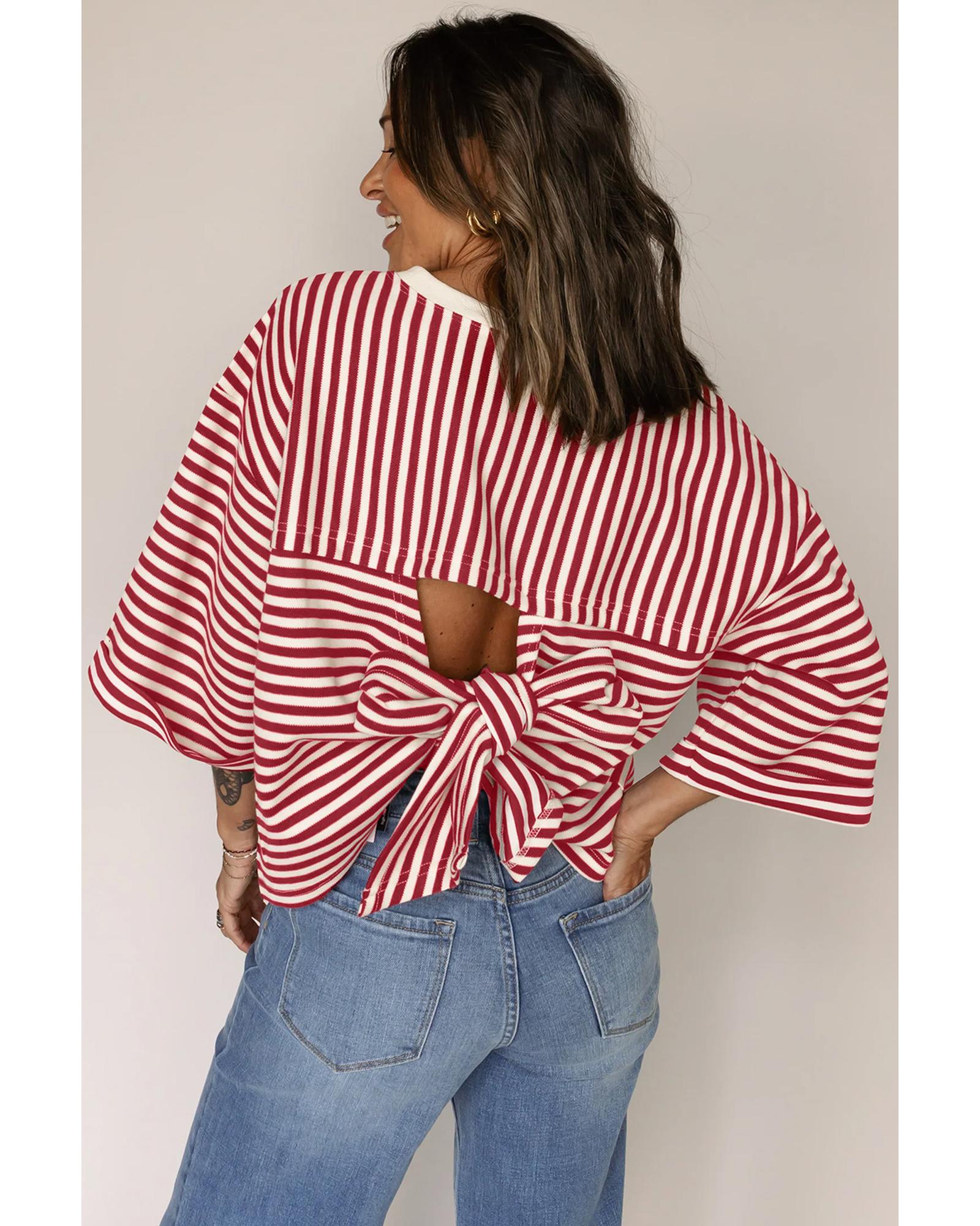 Red Stripe Bowknot Cutout Back Drop Shoulder Wide Bracelet Sleeve Loose Tee - XL